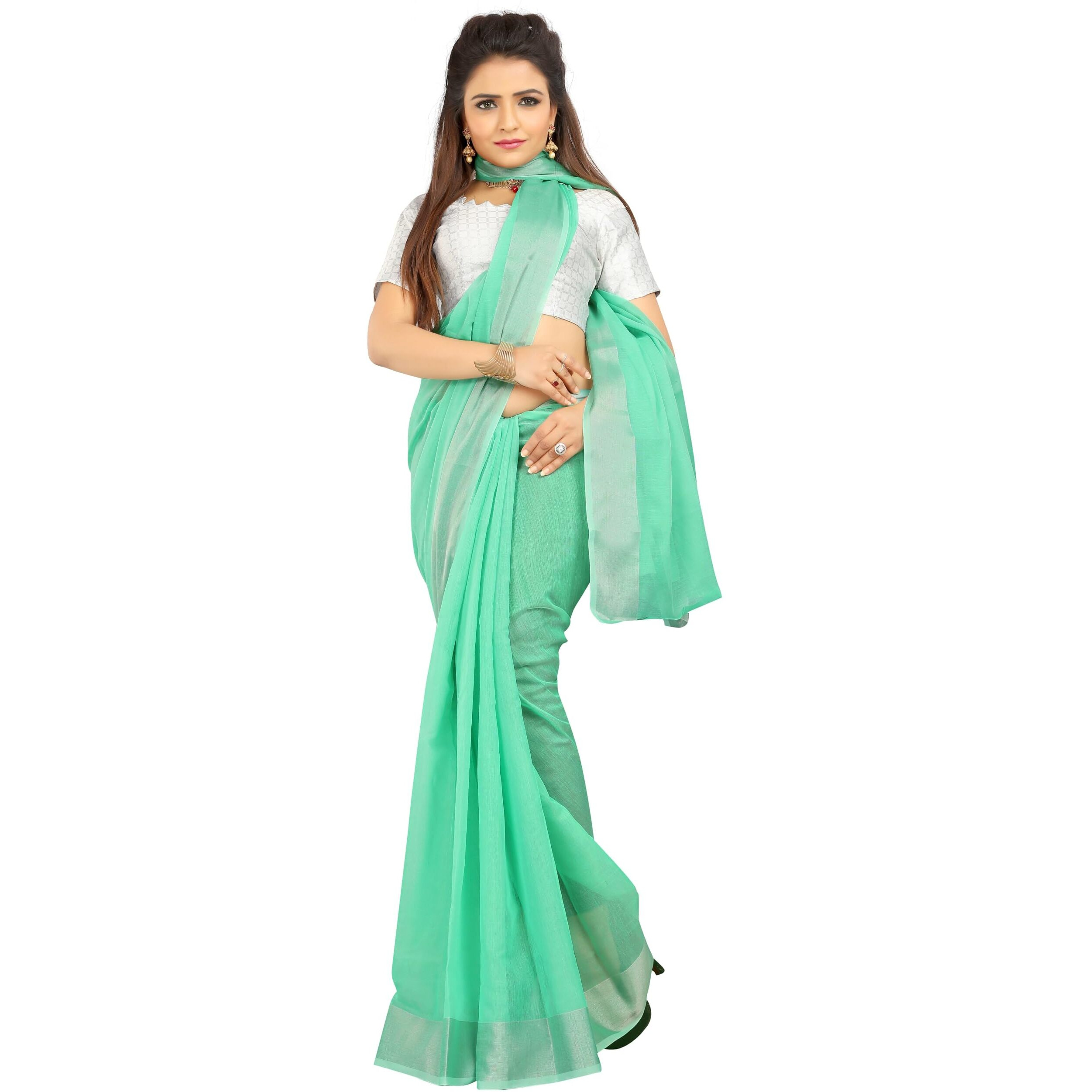 Indian Fashionista Stylish Cotton Silk Casual Wear Saree With Unstitched Blouse For Women (Plaingreen)