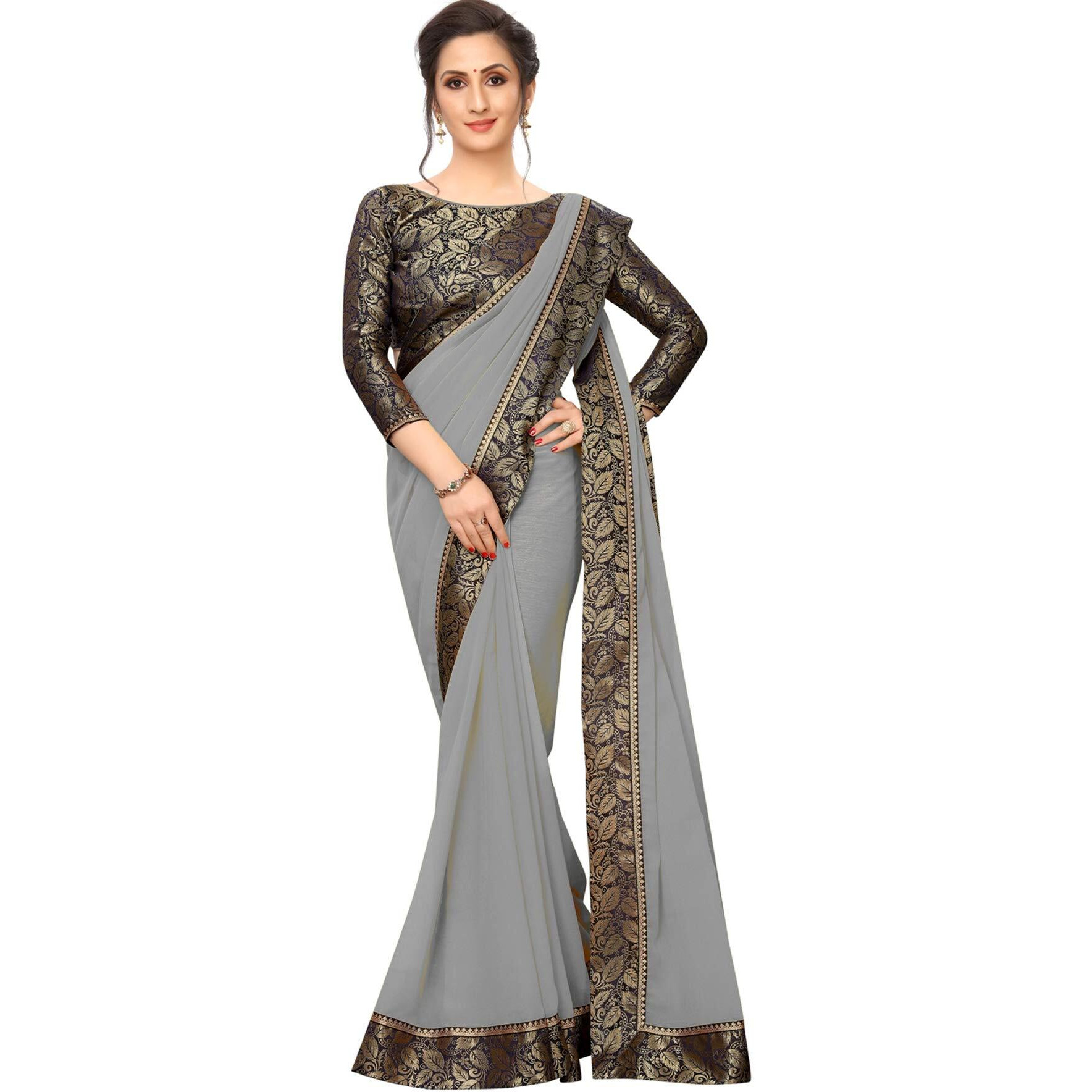 Online Bazaar Womens Jacquard Georgette Saree With Un-stitched Blouse (2279_Grey & Blue)