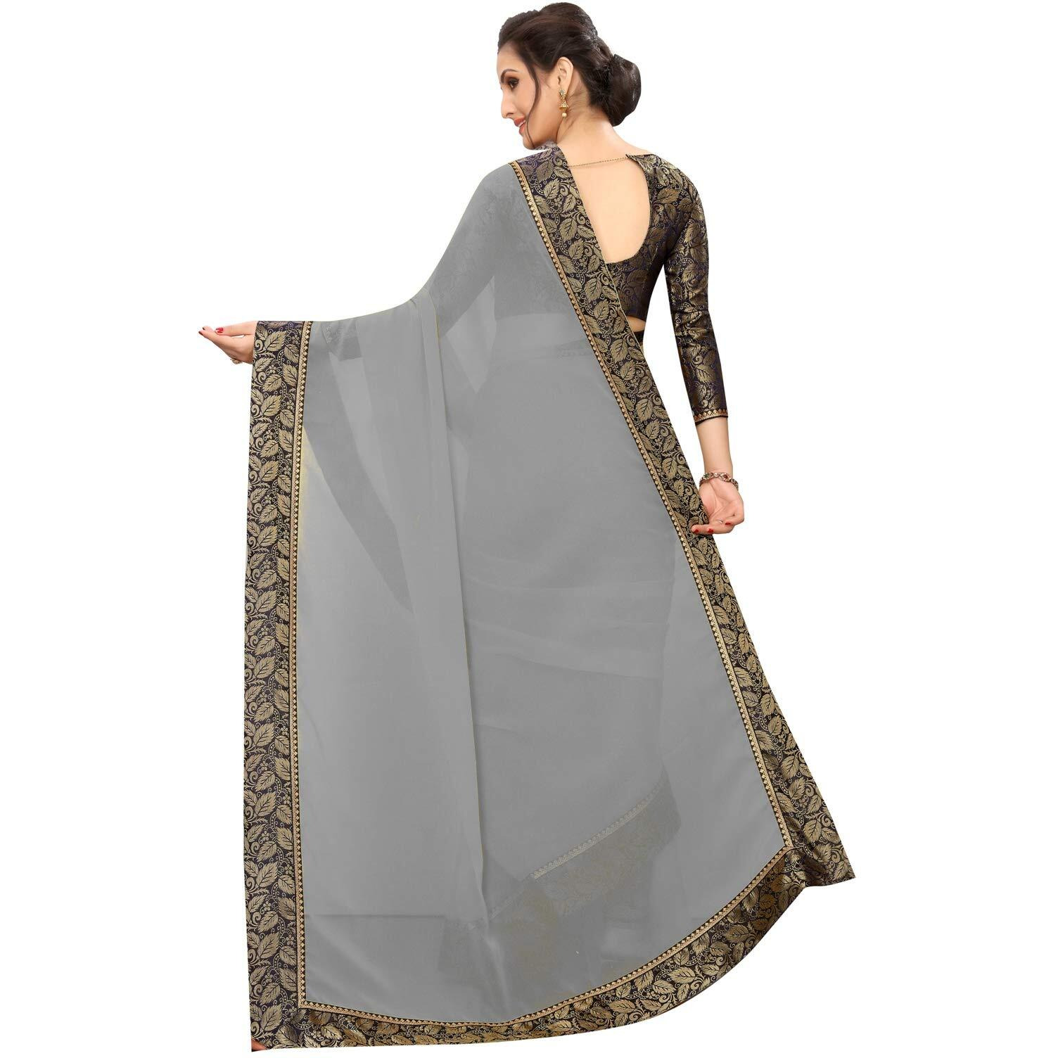 Online Bazaar Womens Jacquard Georgette Saree With Un-stitched Blouse (2279_Grey & Blue)