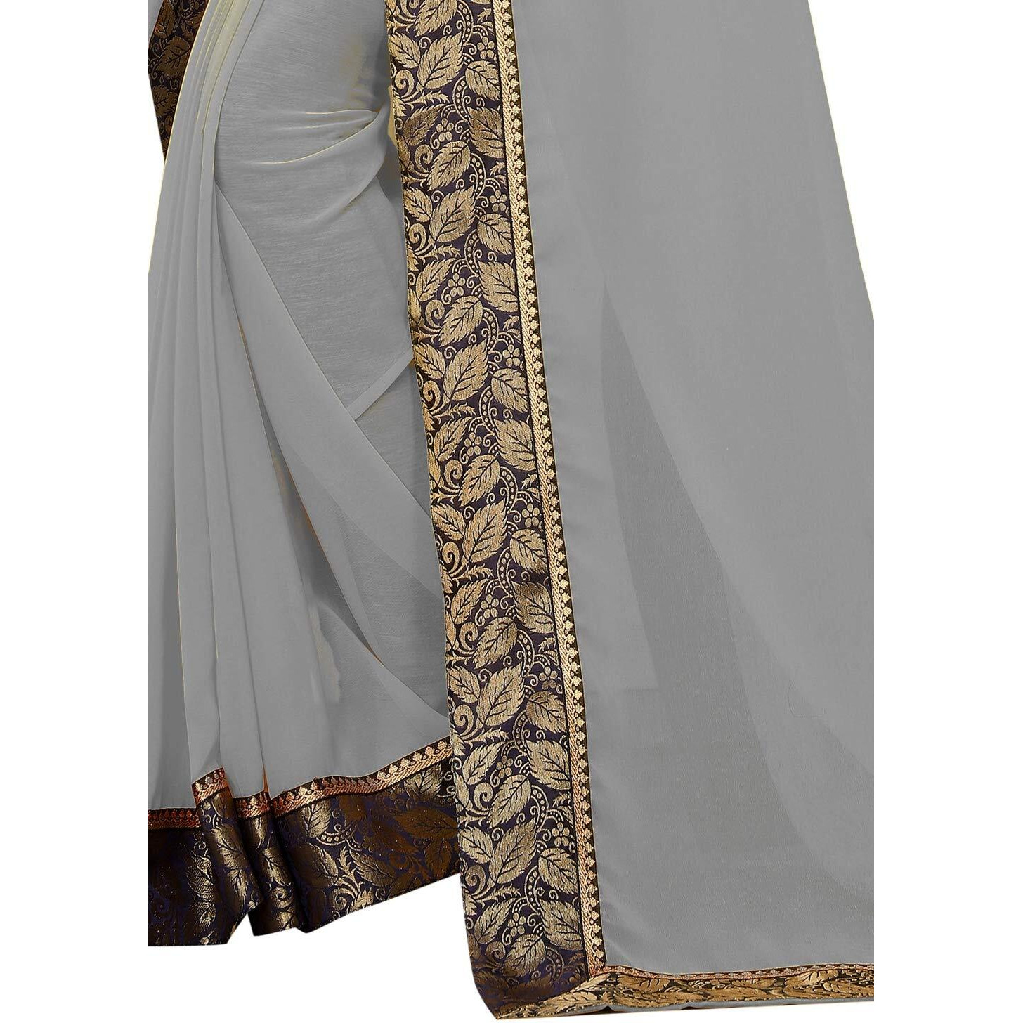 Online Bazaar Womens Jacquard Georgette Saree With Un-stitched Blouse (2279_Grey & Blue)