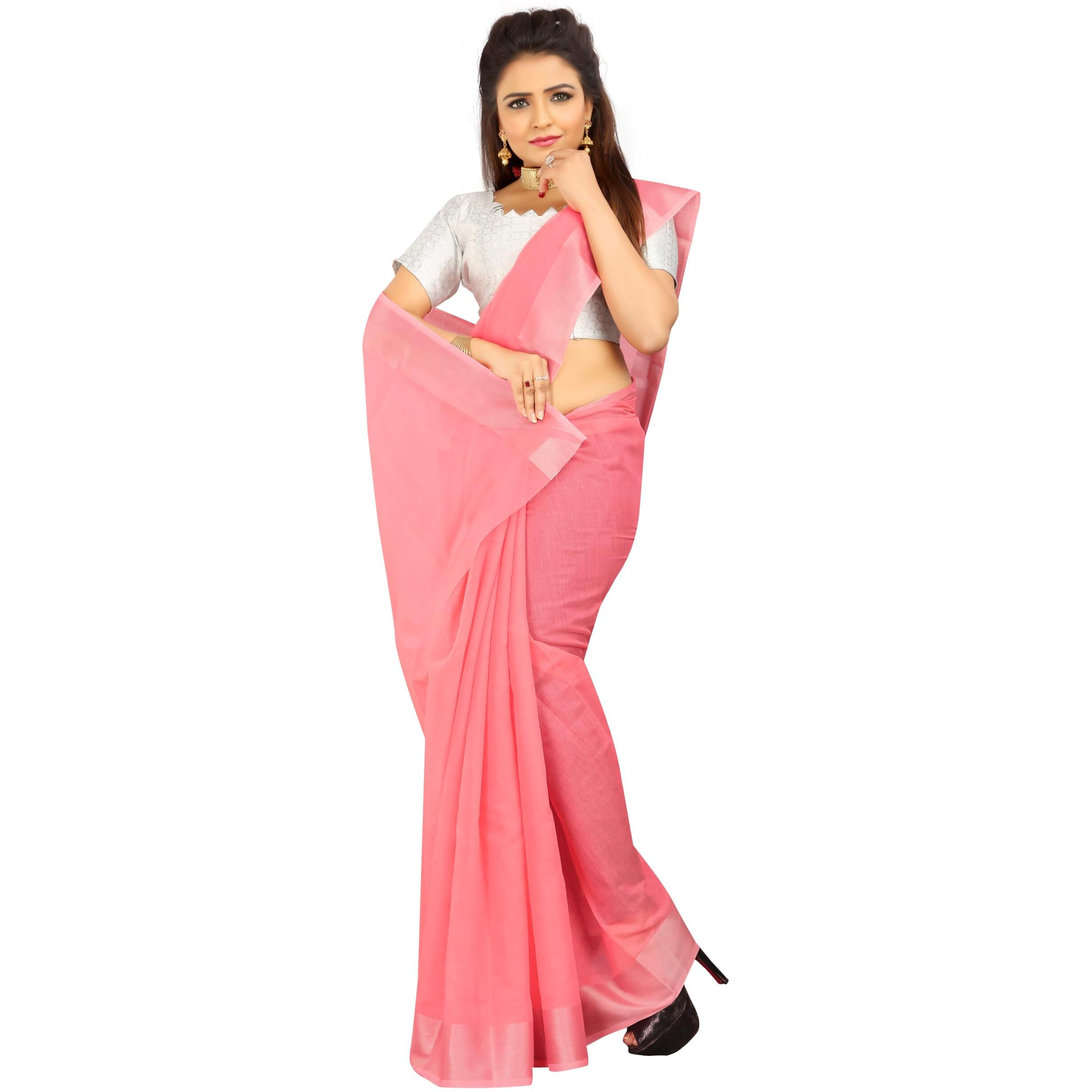 Indian Fashionista Stylish Cotton Silk Casual Wear Saree With Unstitched Blouse For Women (Plainpink)