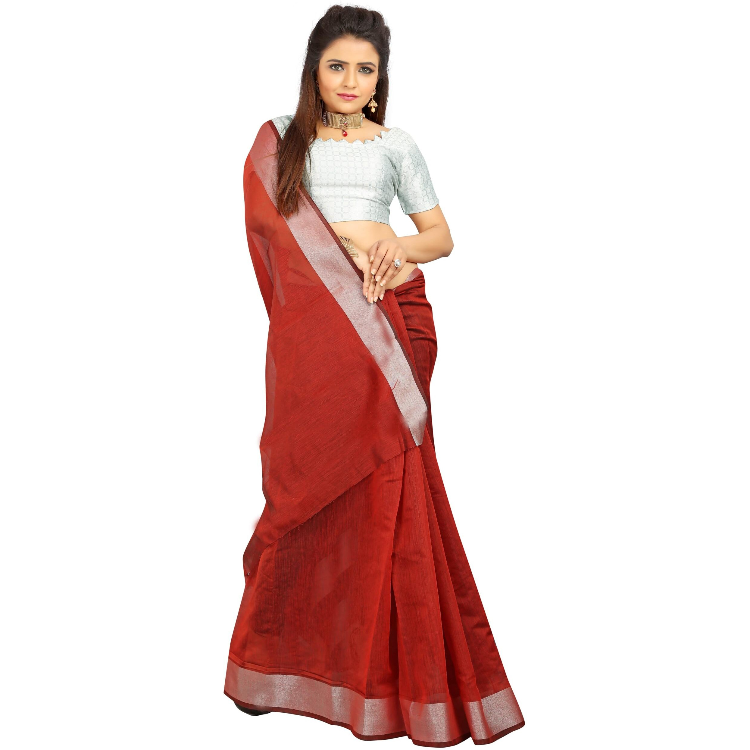 Indian Fashionista Stylish Cotton Silk Casual Wear Saree With Unstitched Blouse For Women (Plainred)