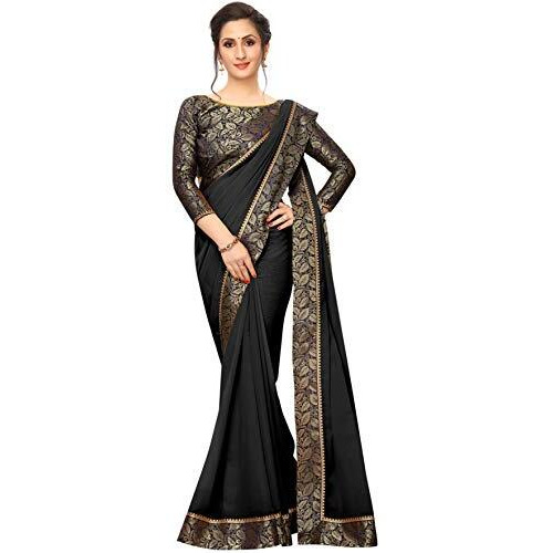 Online Bazaar Womens Jacquard Georgette Saree With Un-stitched Blouse (2279_Black & Blue)
