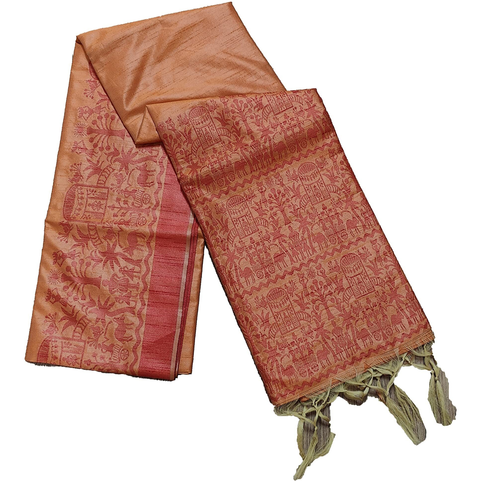 NK Textiles Womens PlainSolid with Tribal Warli Design Border Woven Raw Silk Saree with Tassels (14 DESIGNS & COLORS)