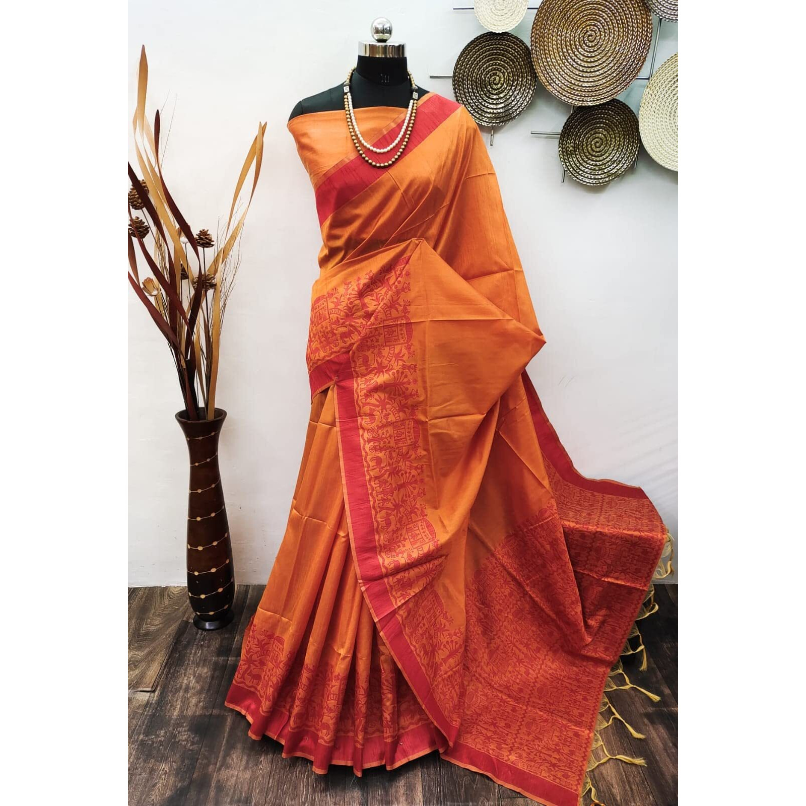 NK Textiles Womens PlainSolid with Tribal Warli Design Border Woven Raw Silk Saree with Tassels (14 DESIGNS & COLORS)