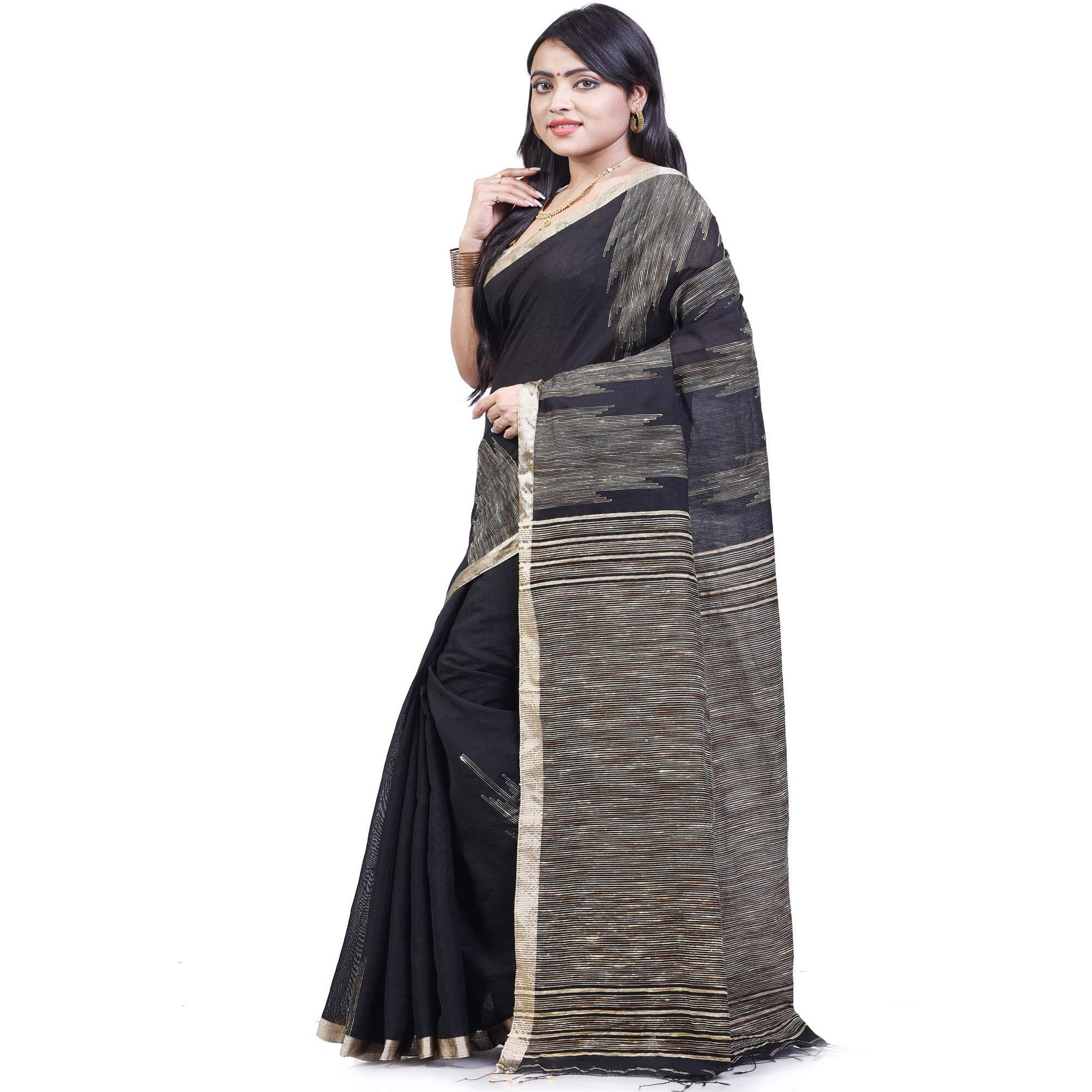 BENGAL HANDLOOM Womens Silk Black Cotton Saree With Blouse Piece