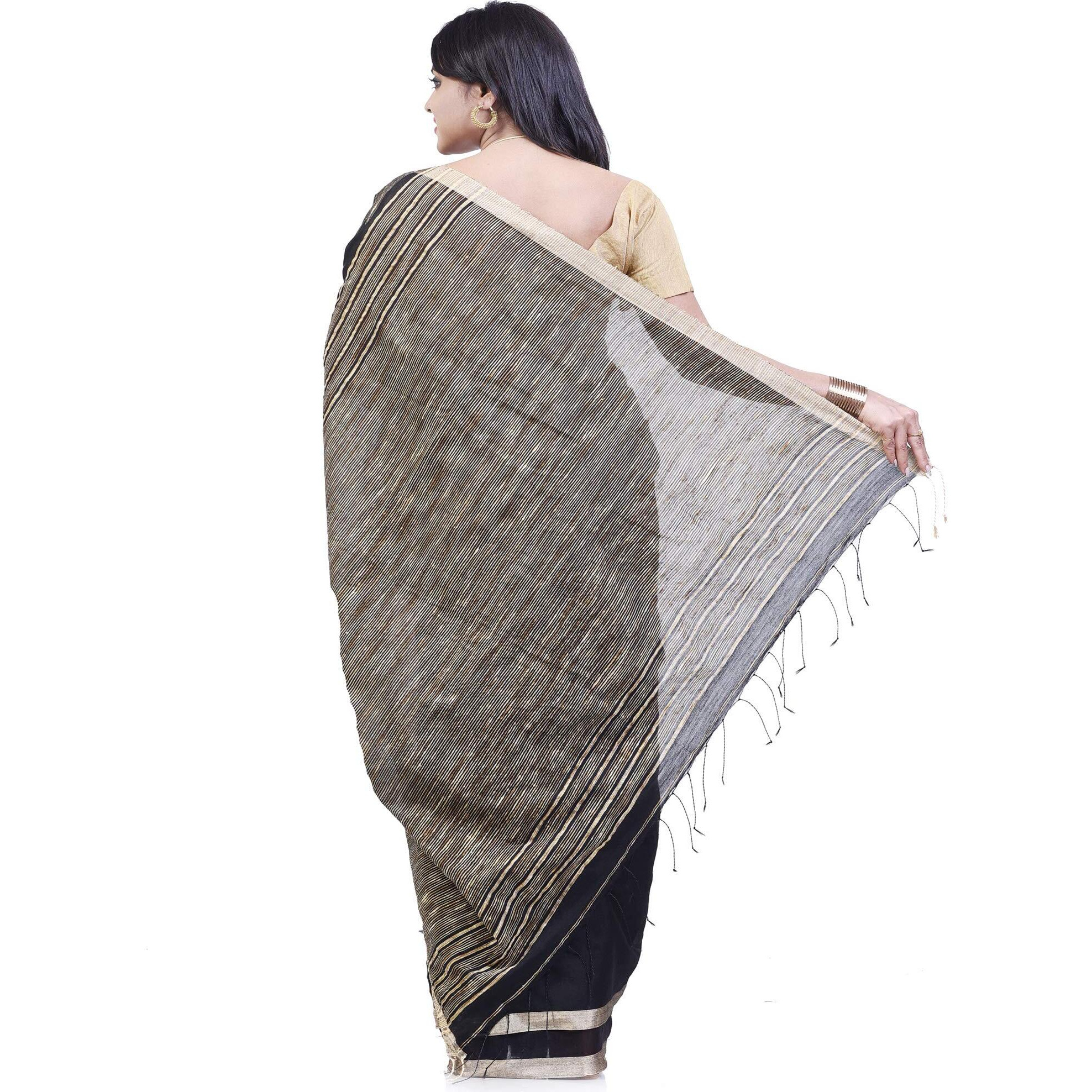BENGAL HANDLOOM Womens Silk Black Cotton Saree With Blouse Piece