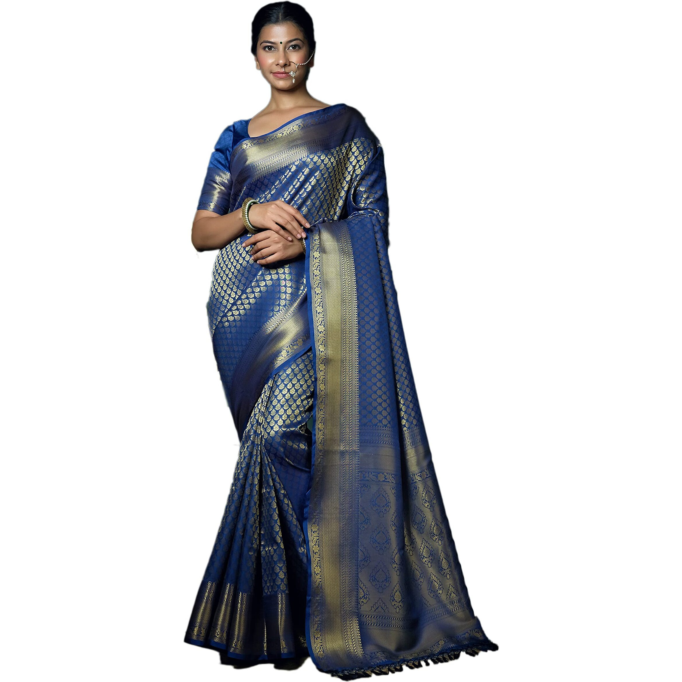 Vardha Womens Kanchipuram Art Silk Saree with Unstitched Blouse Piece - Zari Woven Work Sarees for Wedding (Kaya Silk, 479, Navy Blue)