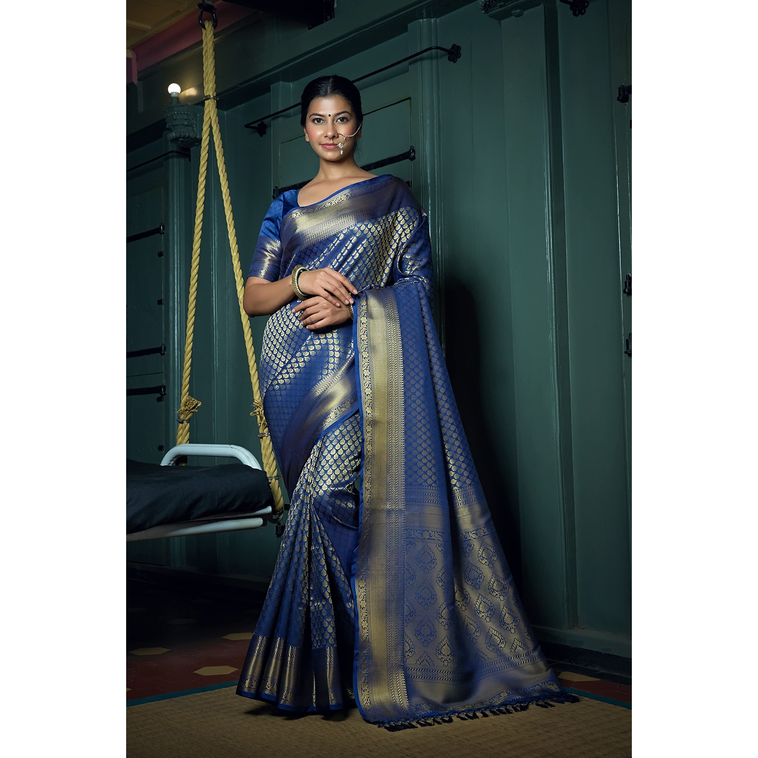 Vardha Womens Kanchipuram Art Silk Saree with Unstitched Blouse Piece - Zari Woven Work Sarees for Wedding (Kaya Silk, 479, Navy Blue)