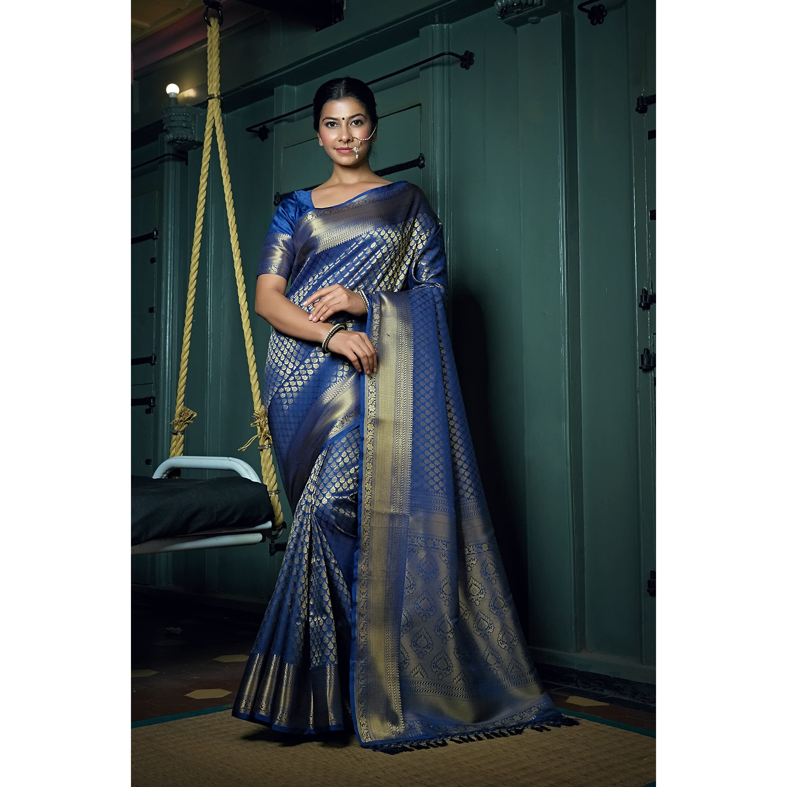 Vardha Womens Kanchipuram Art Silk Saree with Unstitched Blouse Piece - Zari Woven Work Sarees for Wedding (Kaya Silk, 479, Navy Blue)