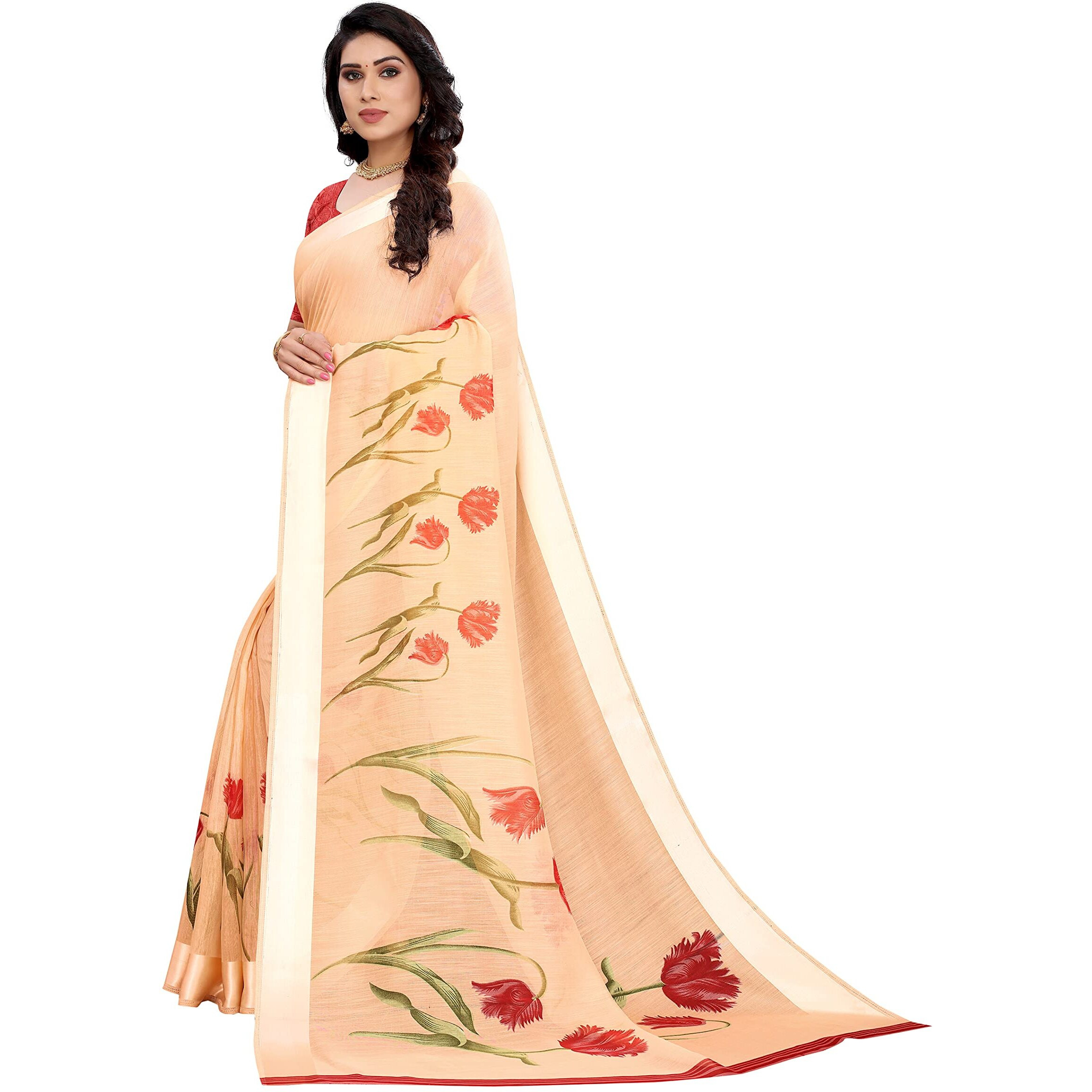Tarshika Womens Linen Printed Saree With Blouse piece(VANI ORANGE_Free Size)