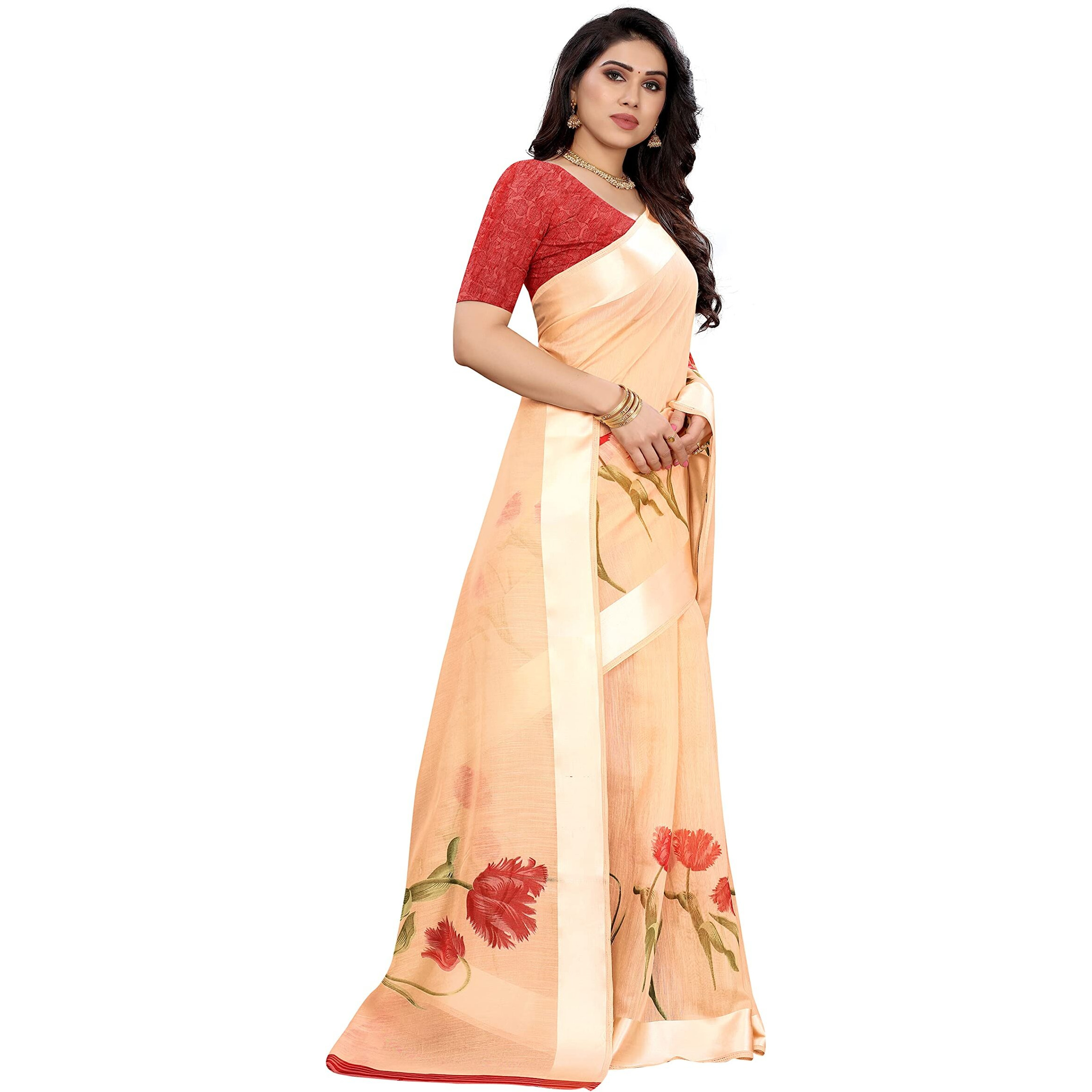 Tarshika Womens Linen Printed Saree With Blouse piece(VANI ORANGE_Free Size)