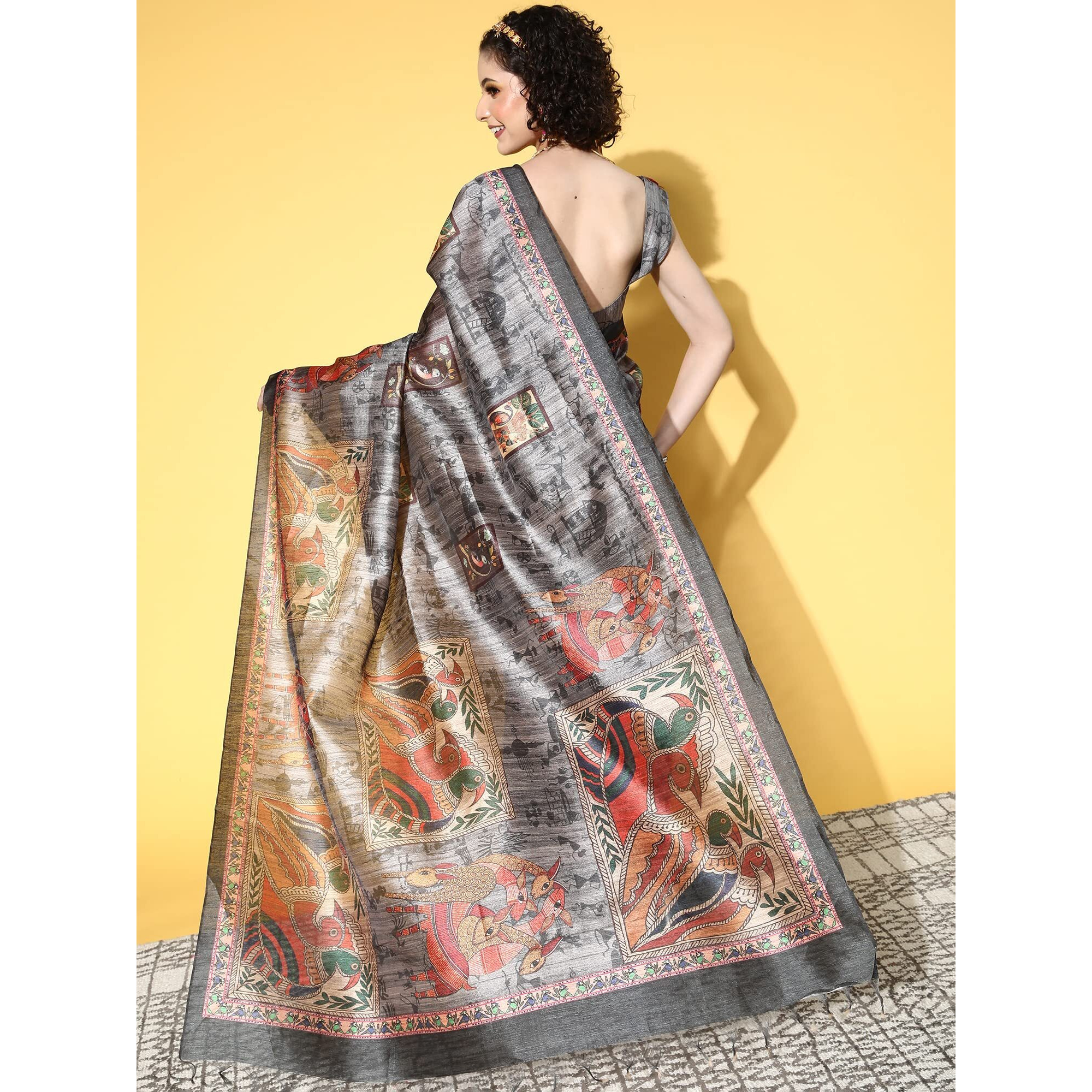 AKHILAM Womens Printed Kalamkari Manipuri Silk Saree With Unstitched Blouse Piece(Charcoal Grey_RR0KLMK13D)