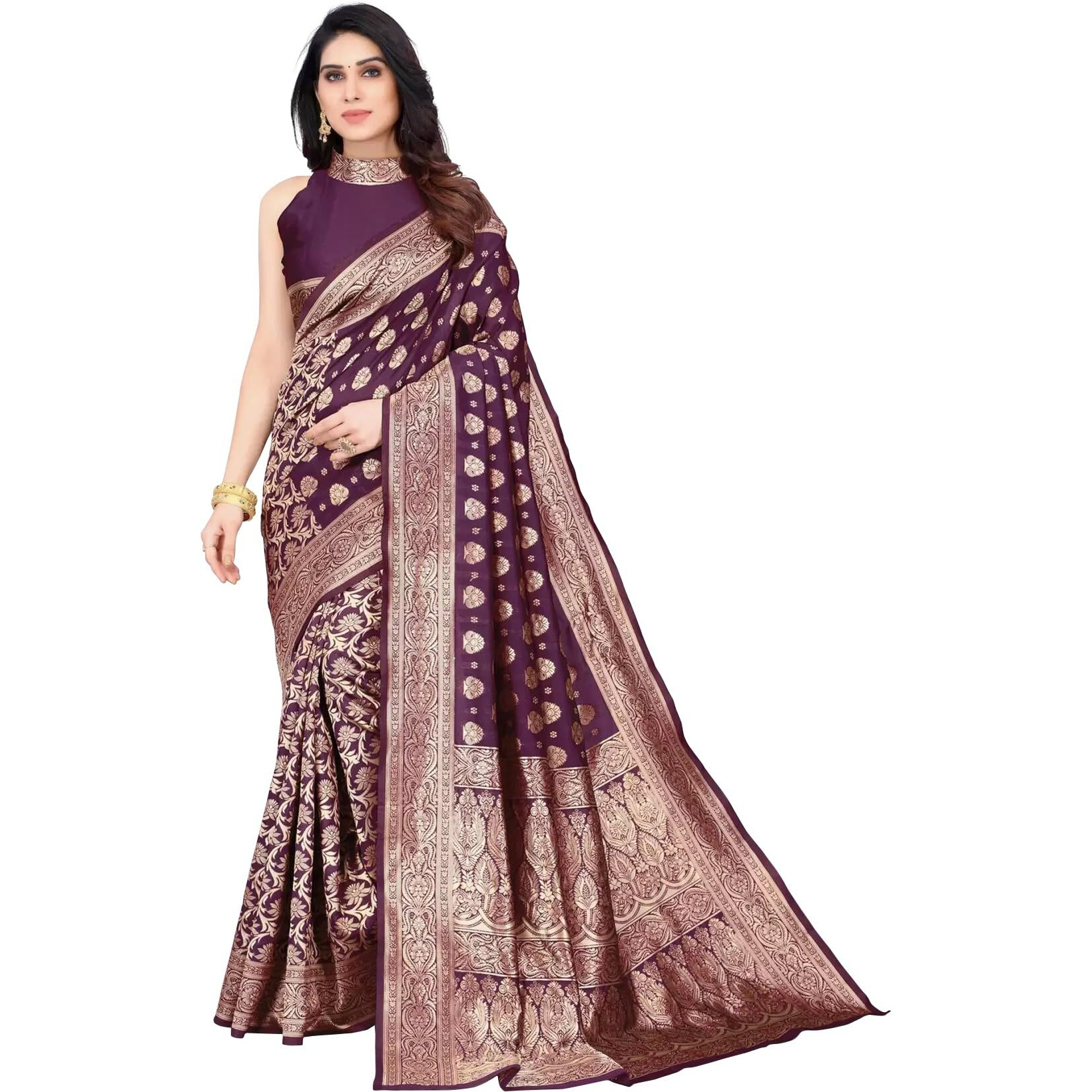 Sugathari Womens Banarasi Saree Pure Kanjivaram Silk Saree Soft new ladies 2023 Design Wear Pattu Sarees Latest Cotton Party Sari collections With Blouse Piece for Wedding sadi (PARI 161 PURPLE)
