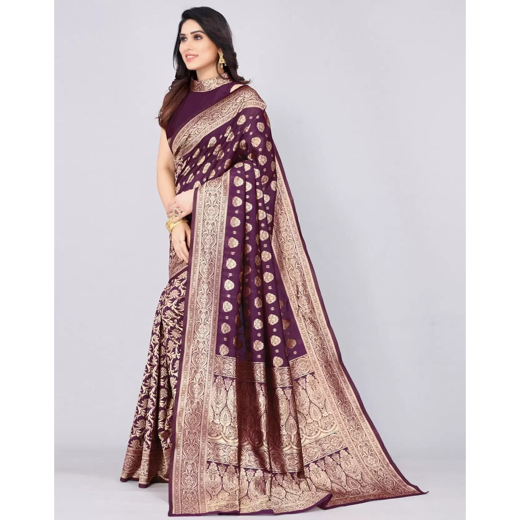 Sugathari Womens Banarasi Saree Pure Kanjivaram Silk Saree Soft new ladies 2023 Design Wear Pattu Sarees Latest Cotton Party Sari collections With Blouse Piece for Wedding sadi (PARI 161 PURPLE)
