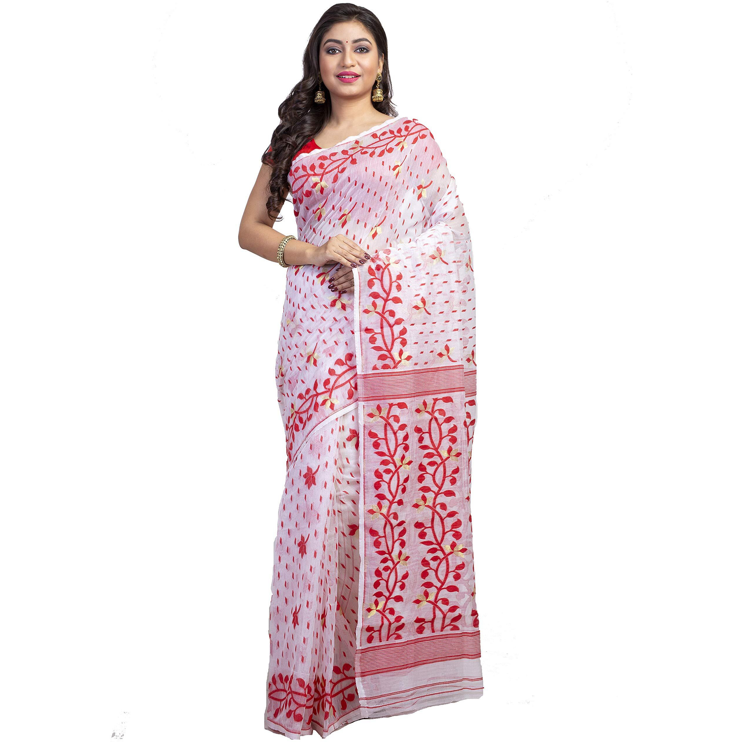 T.J. SAREES Womens Handloom Soft Dhakai Jamdani Collection Silk Blend Original Pure Reshom with Combination Saree (White)