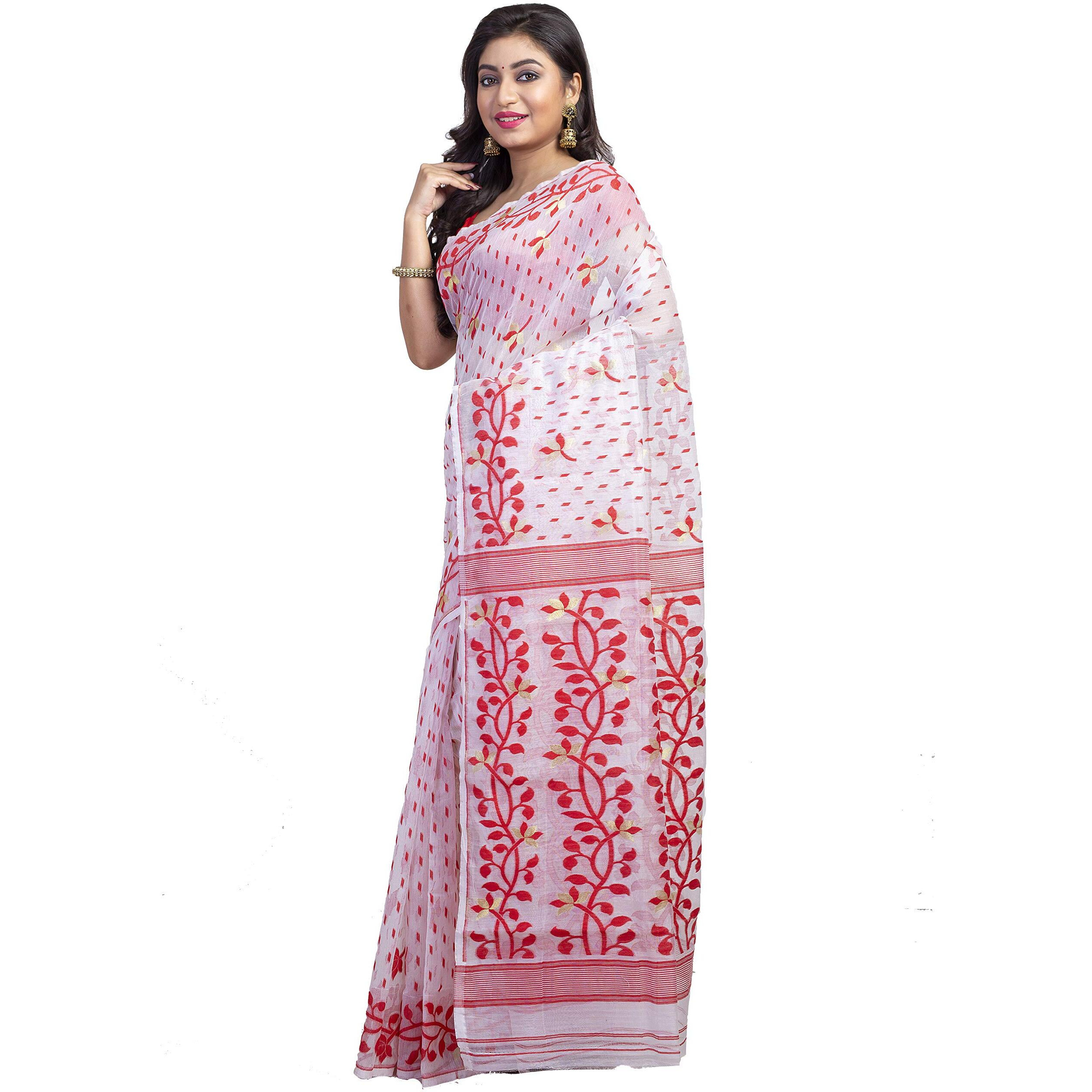 T.J. SAREES Womens Handloom Soft Dhakai Jamdani Collection Silk Blend Original Pure Reshom with Combination Saree (White)