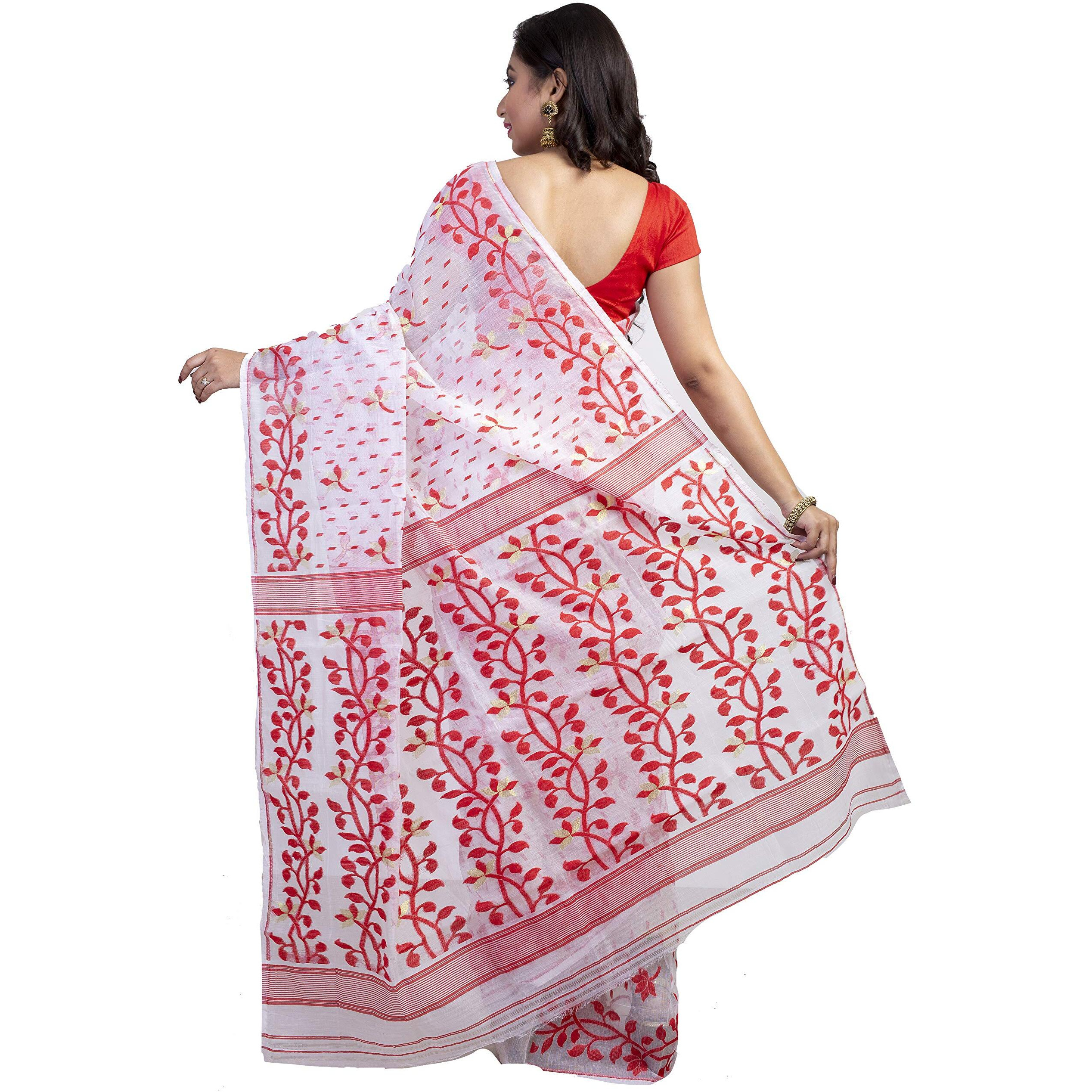 T.J. SAREES Womens Handloom Soft Dhakai Jamdani Collection Silk Blend Original Pure Reshom with Combination Saree (White)