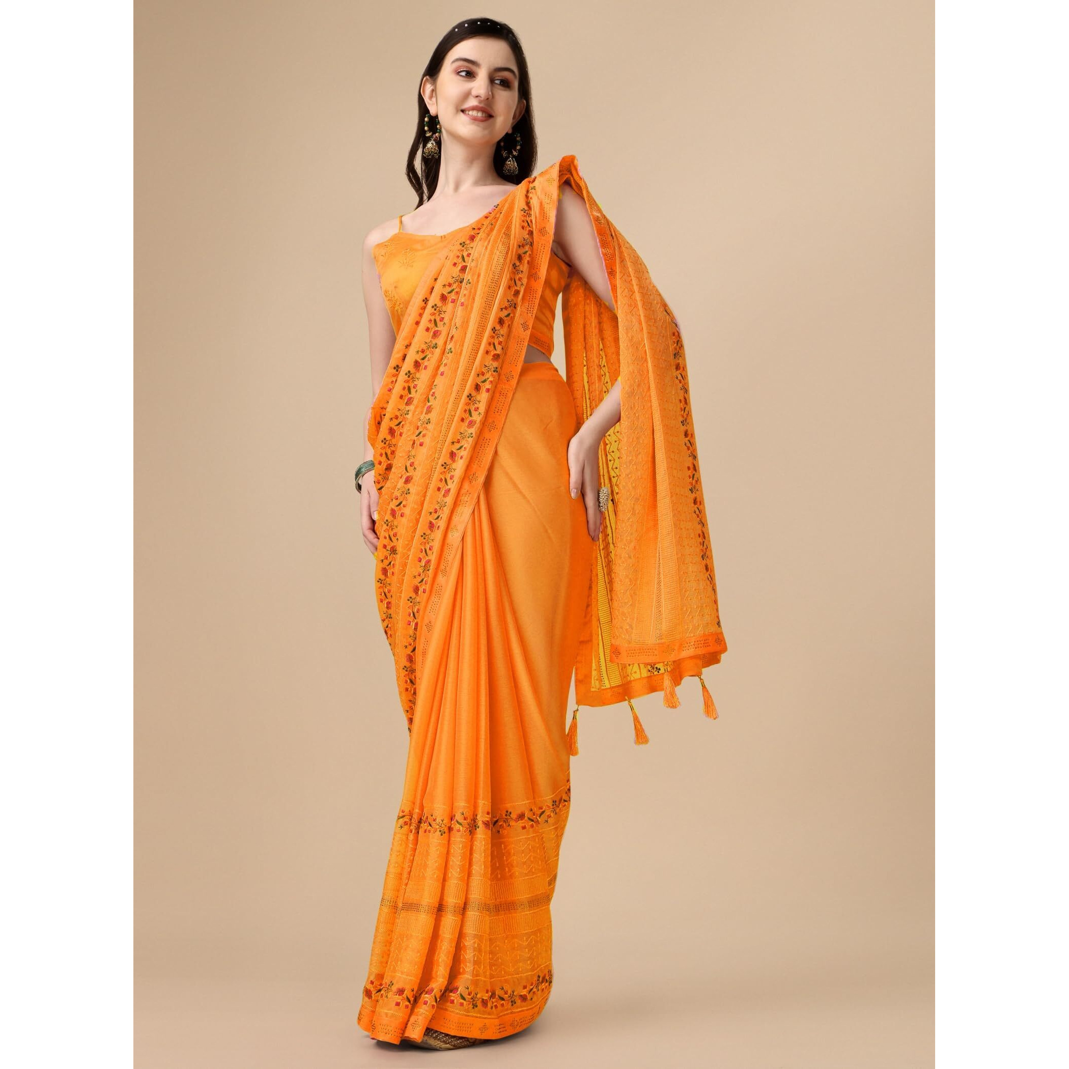 Niza Fashion Yellow Makhmali Chiffon Embroidery & Swarovski Work Saree