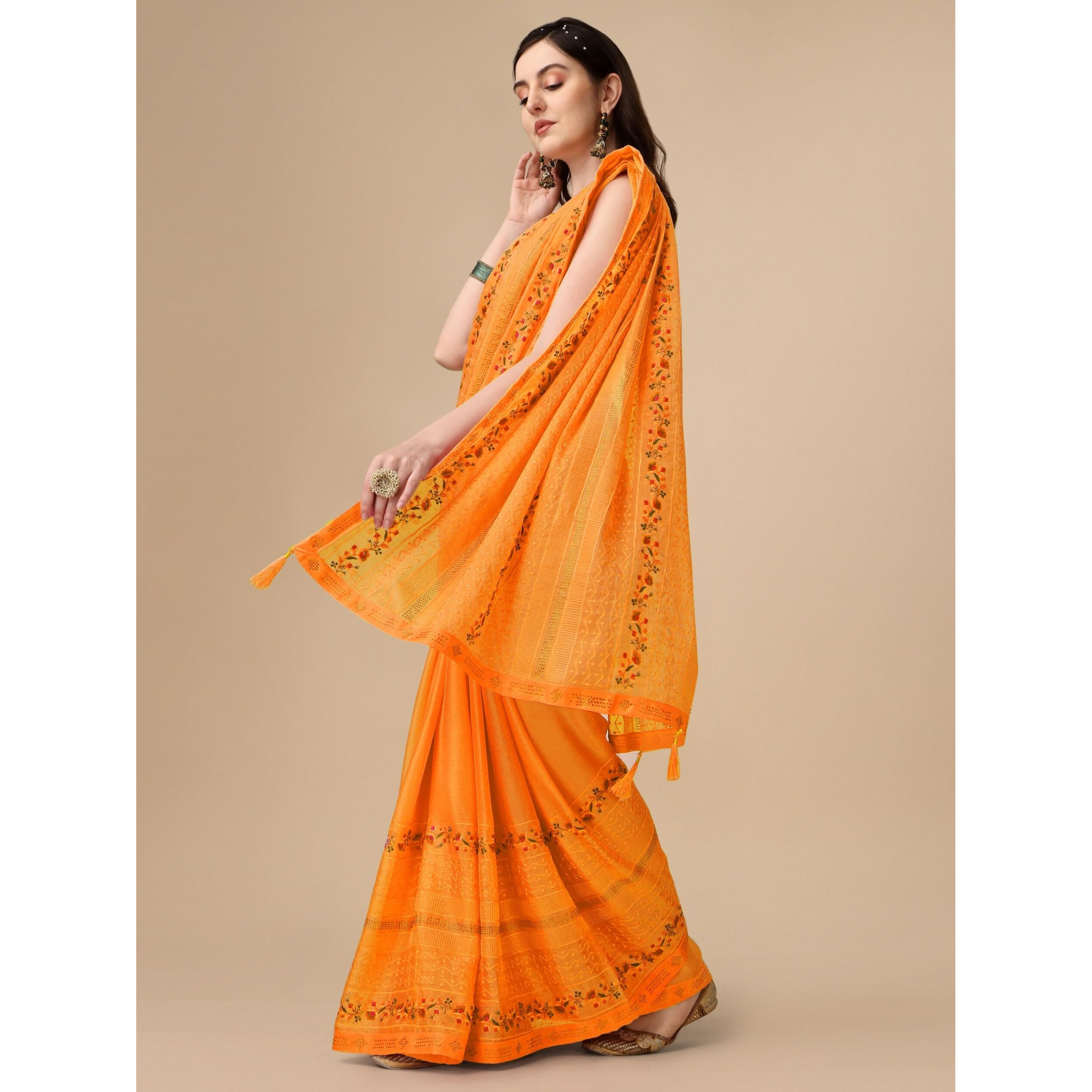 Niza Fashion Yellow Makhmali Chiffon Embroidery & Swarovski Work Saree
