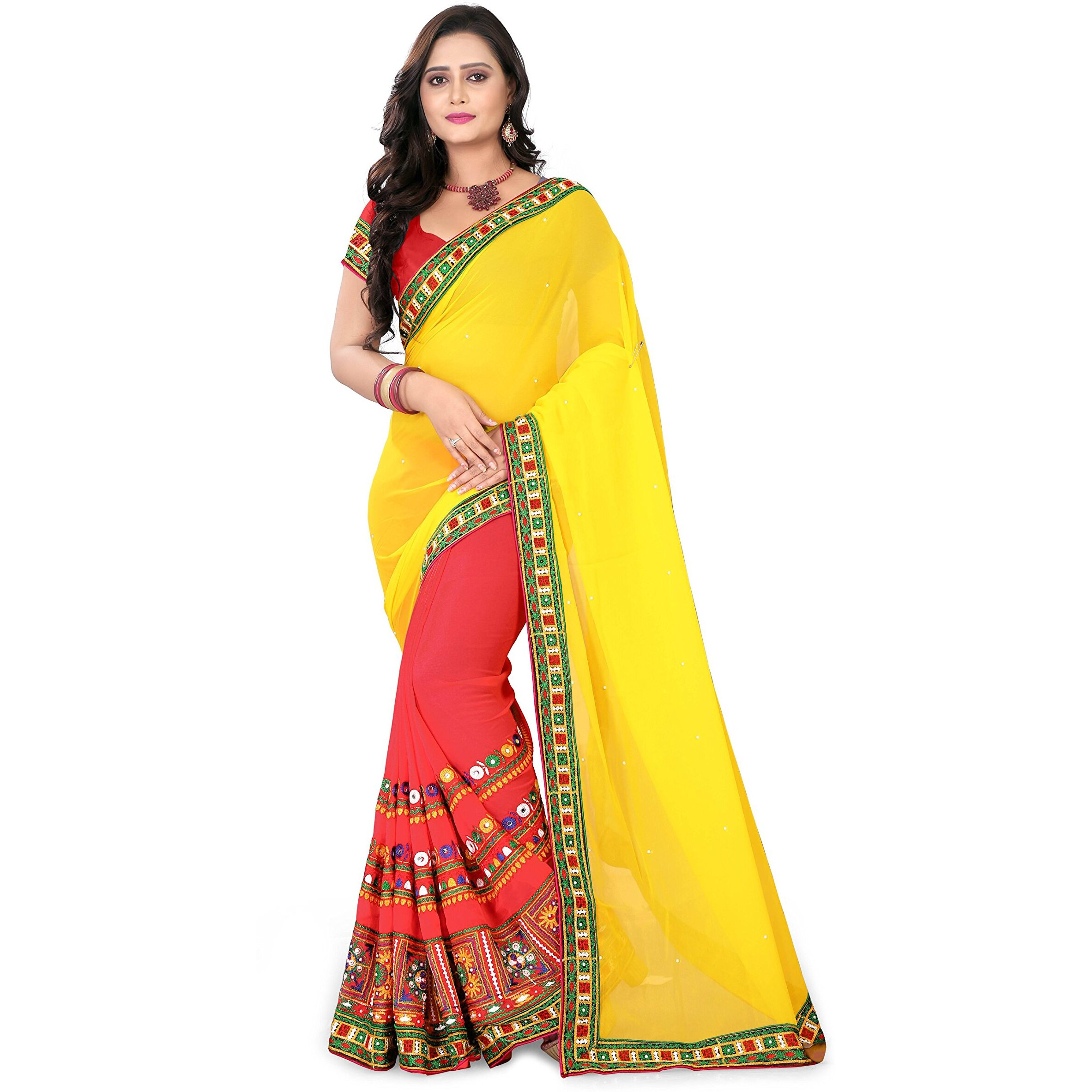 RIVA ENTERPRISE Womens Georgette Saree With Blouse Piece (4C-L3PB-XHWV_Yellow-Pink_Free Size_Yellow, Pink)
