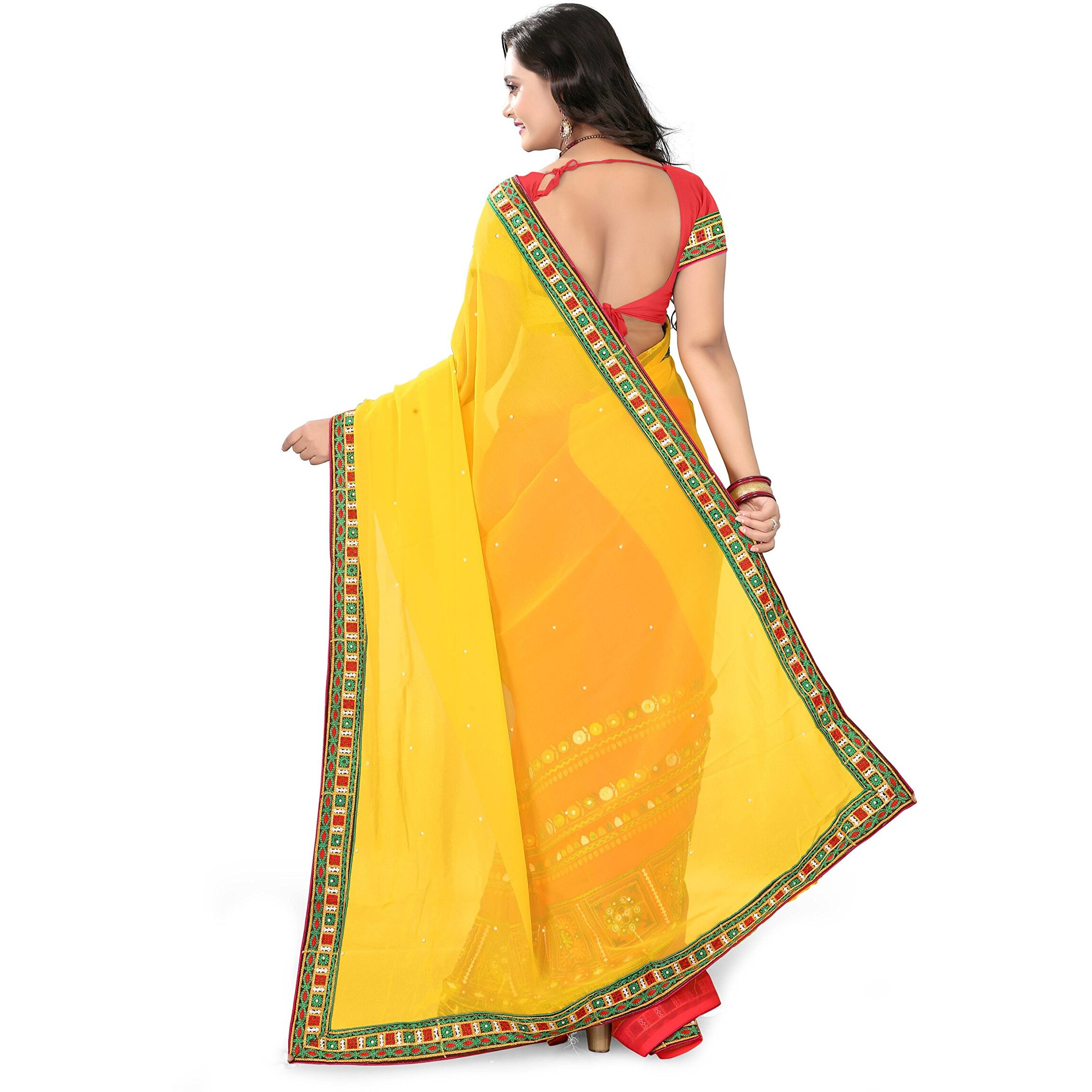RIVA ENTERPRISE Womens Georgette Saree With Blouse Piece (4C-L3PB-XHWV_Yellow-Pink_Free Size_Yellow, Pink)