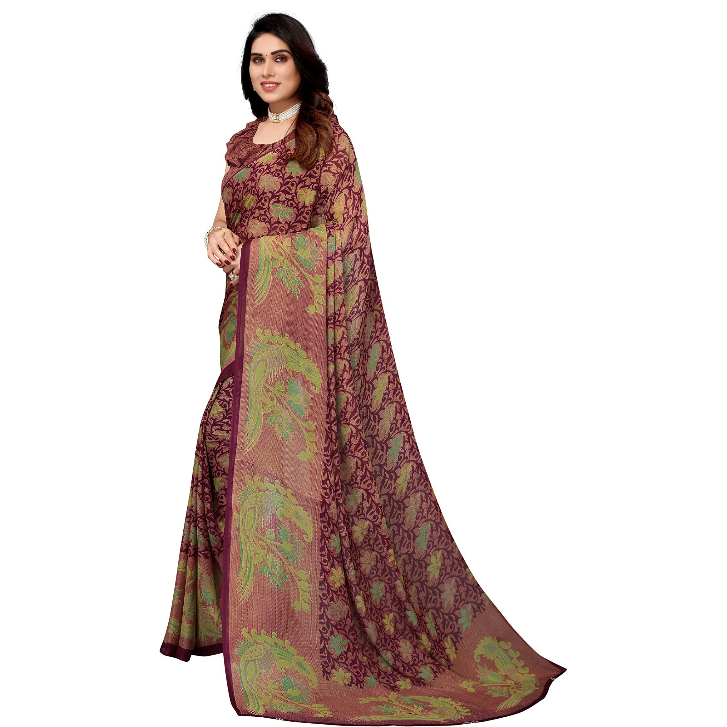 Yashika Womens Georgette Printed Saree With Blouse Piece(SANCHITA PURPLE_Free Size)