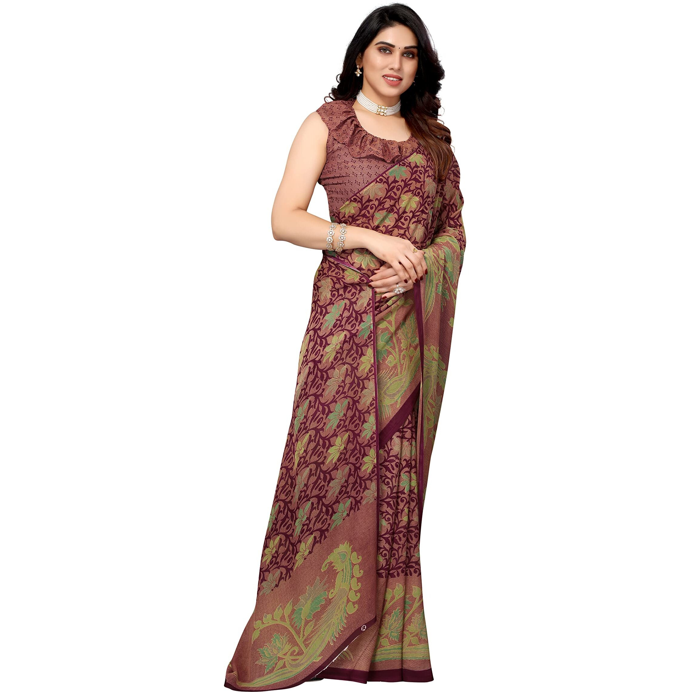 Yashika Womens Georgette Printed Saree With Blouse Piece(SANCHITA PURPLE_Free Size)