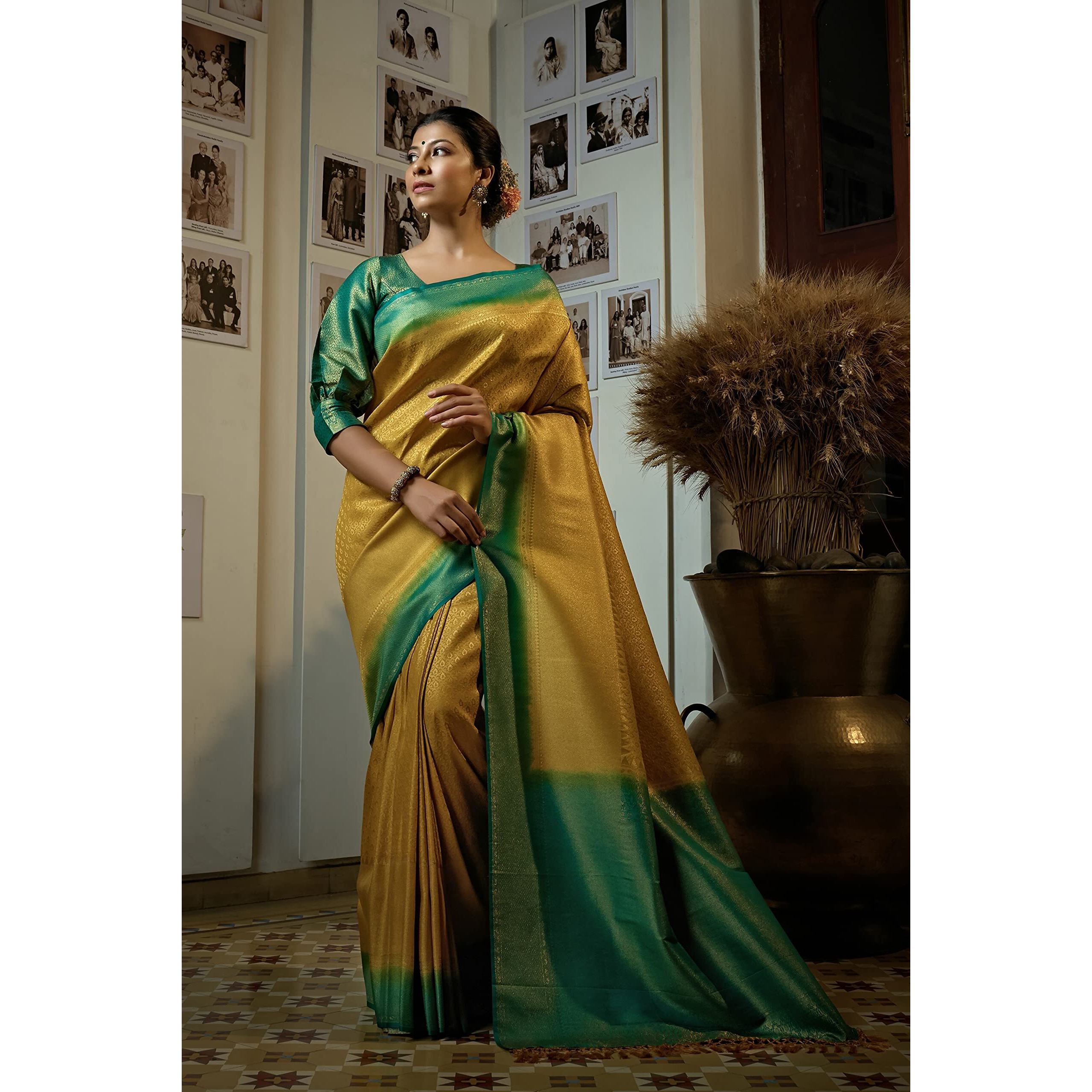 Vardha Womens Kanchipuram Art Silk Saree with Unstitched Blouse Piece - Zari Woven Work Sarees for Wedding (Anaya Silk, 411, Green)