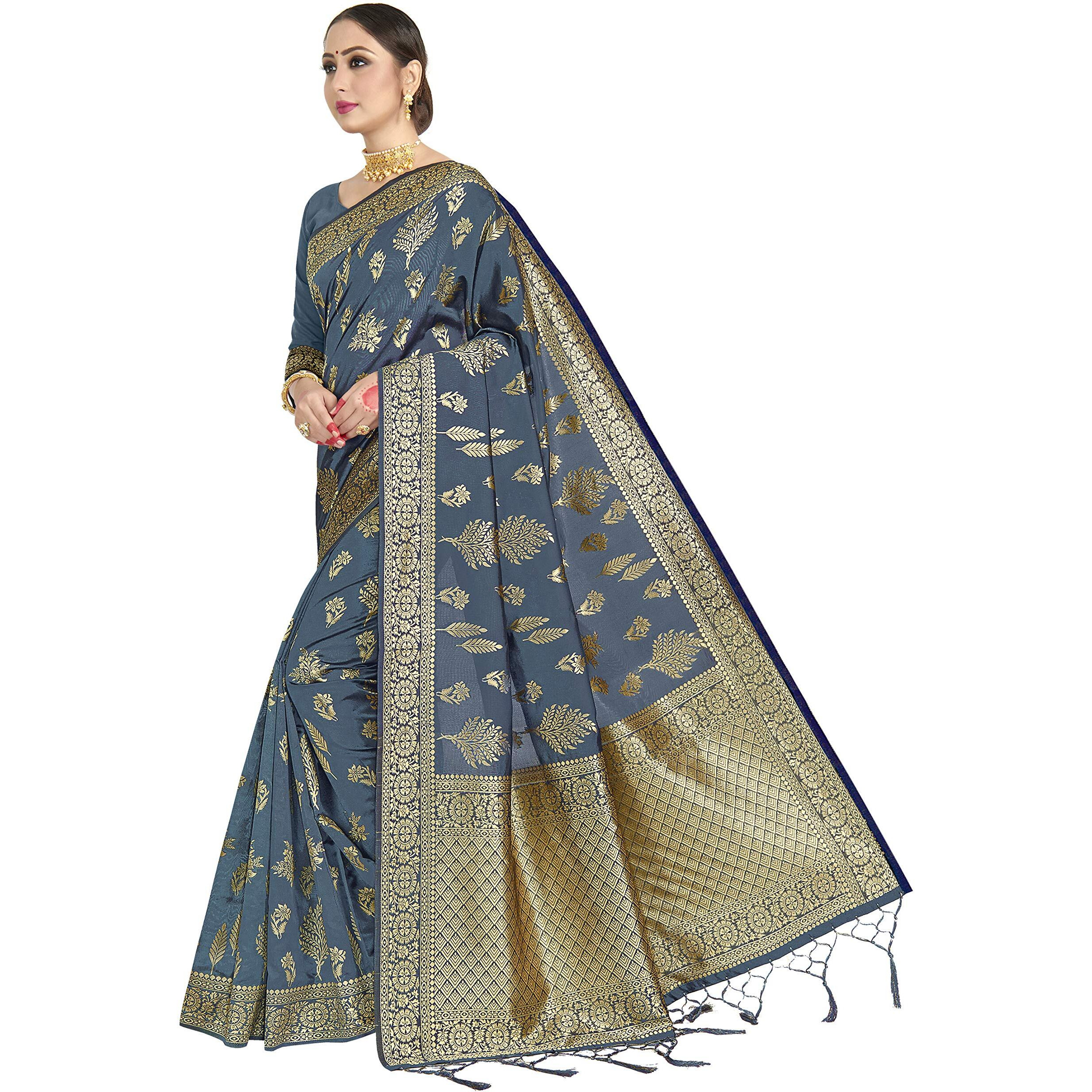 Vardha Womens Banarasi Art Silk Saree with Unstitched Blouse Piece - Zari Woven Work Sarees for Wedding (Paneri, 18, Grey)