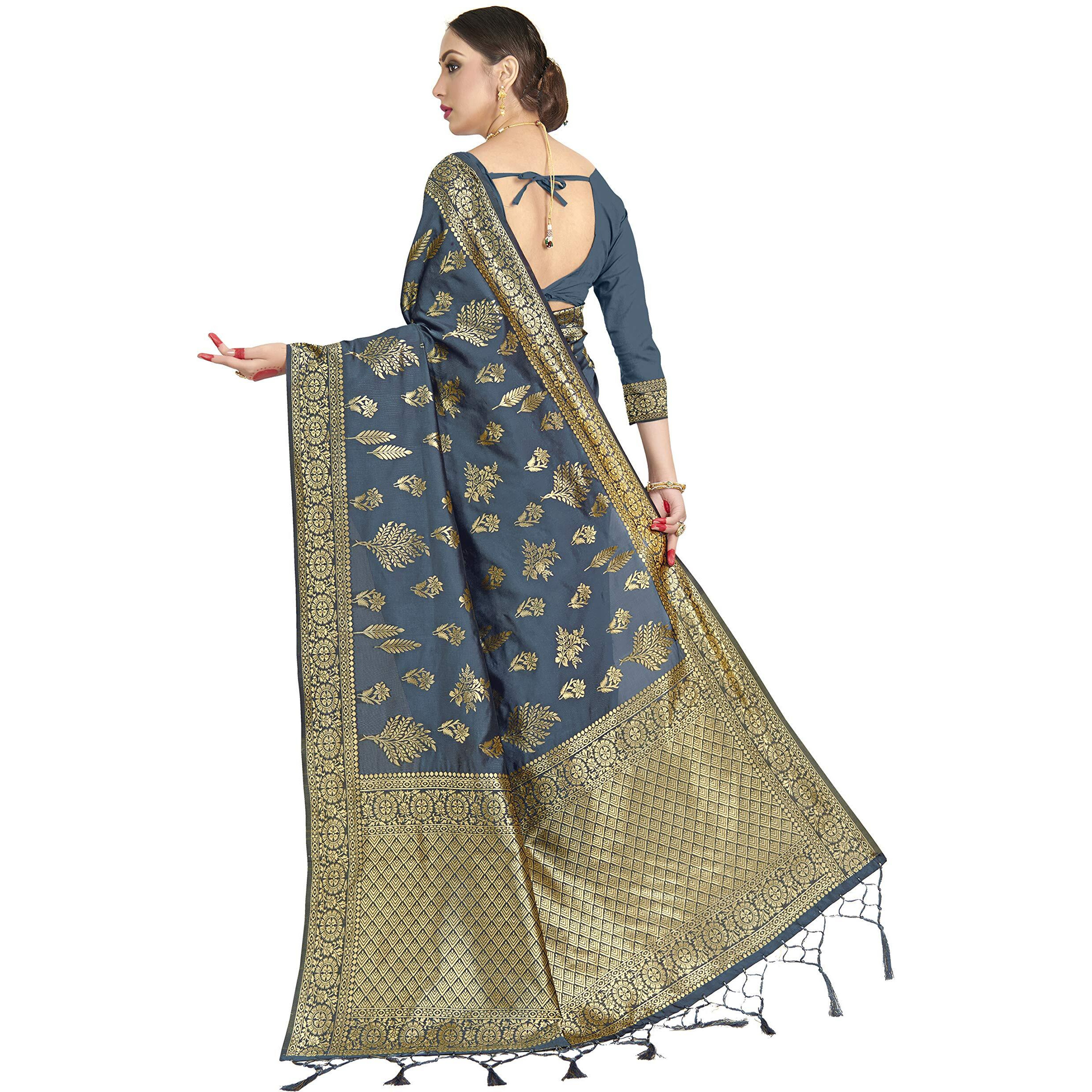 Vardha Womens Banarasi Art Silk Saree with Unstitched Blouse Piece - Zari Woven Work Sarees for Wedding (Paneri, 18, Grey)