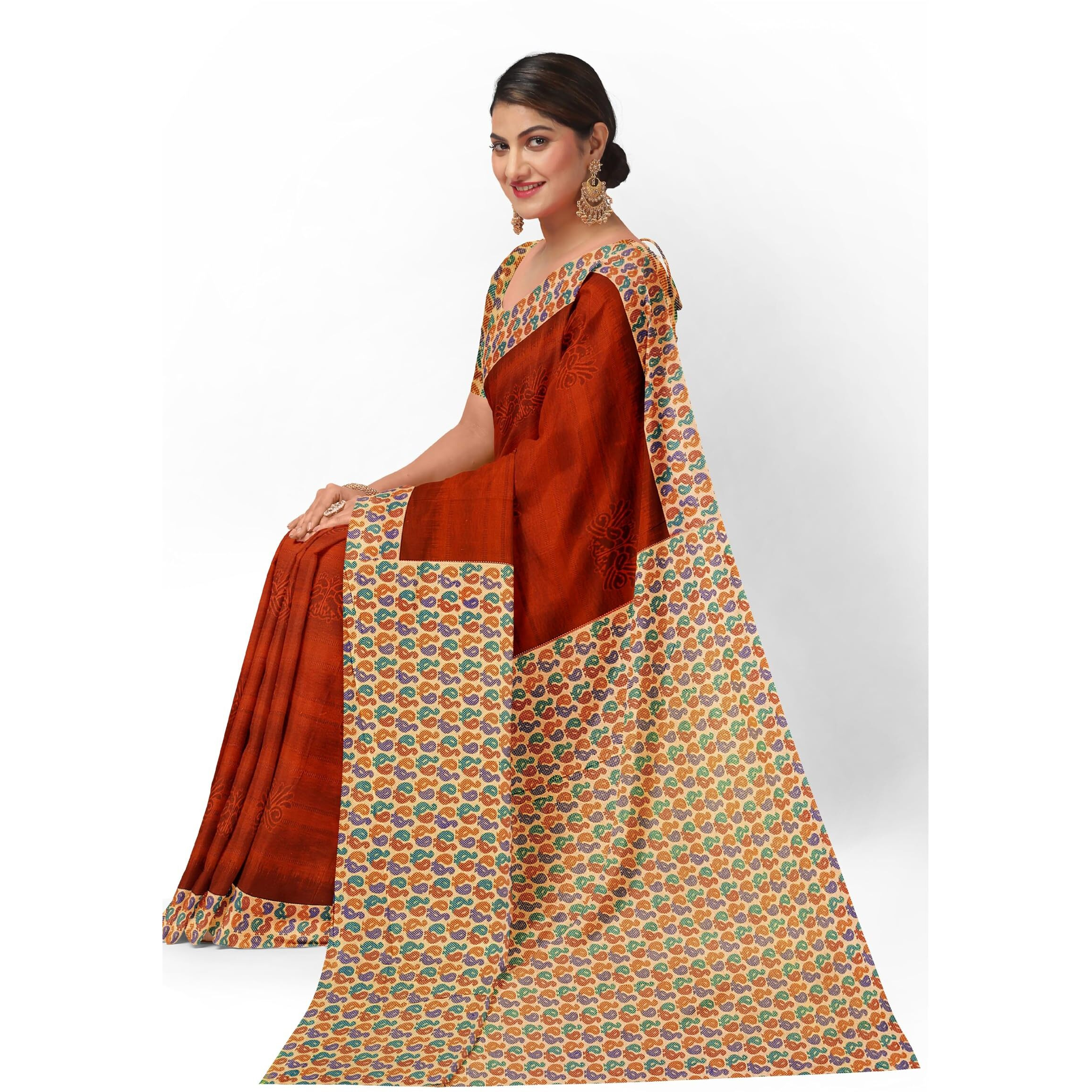 TAMAIRA FASHION Womens Plain Weave Pure Cotton Saree With Blouse Piece(11296_Rust)