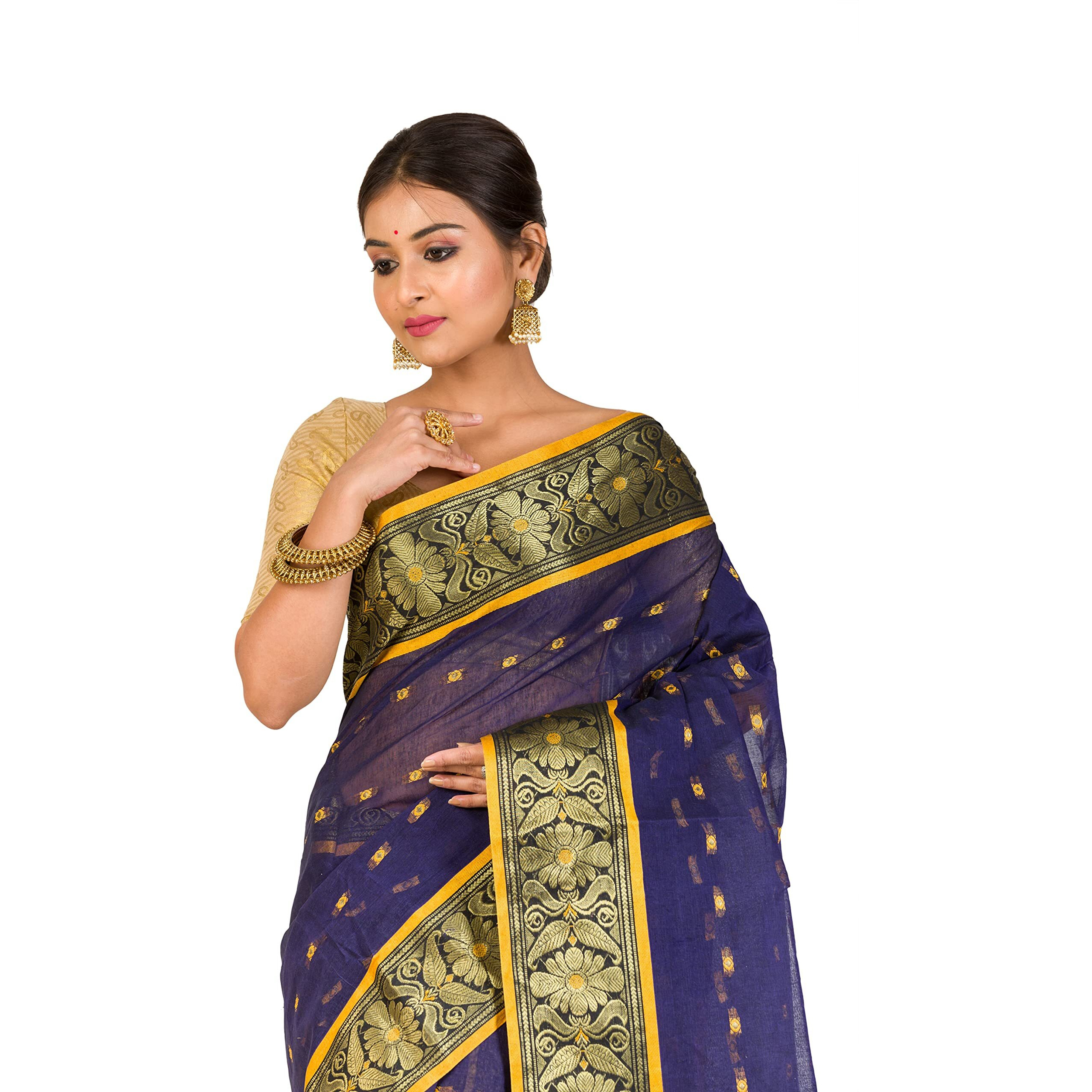 RAJ SAREE HOUSE Womens Traditional Pure Cotton Bengali Handloom Tant Saree - Without Blouse Piece (Navy Blue)