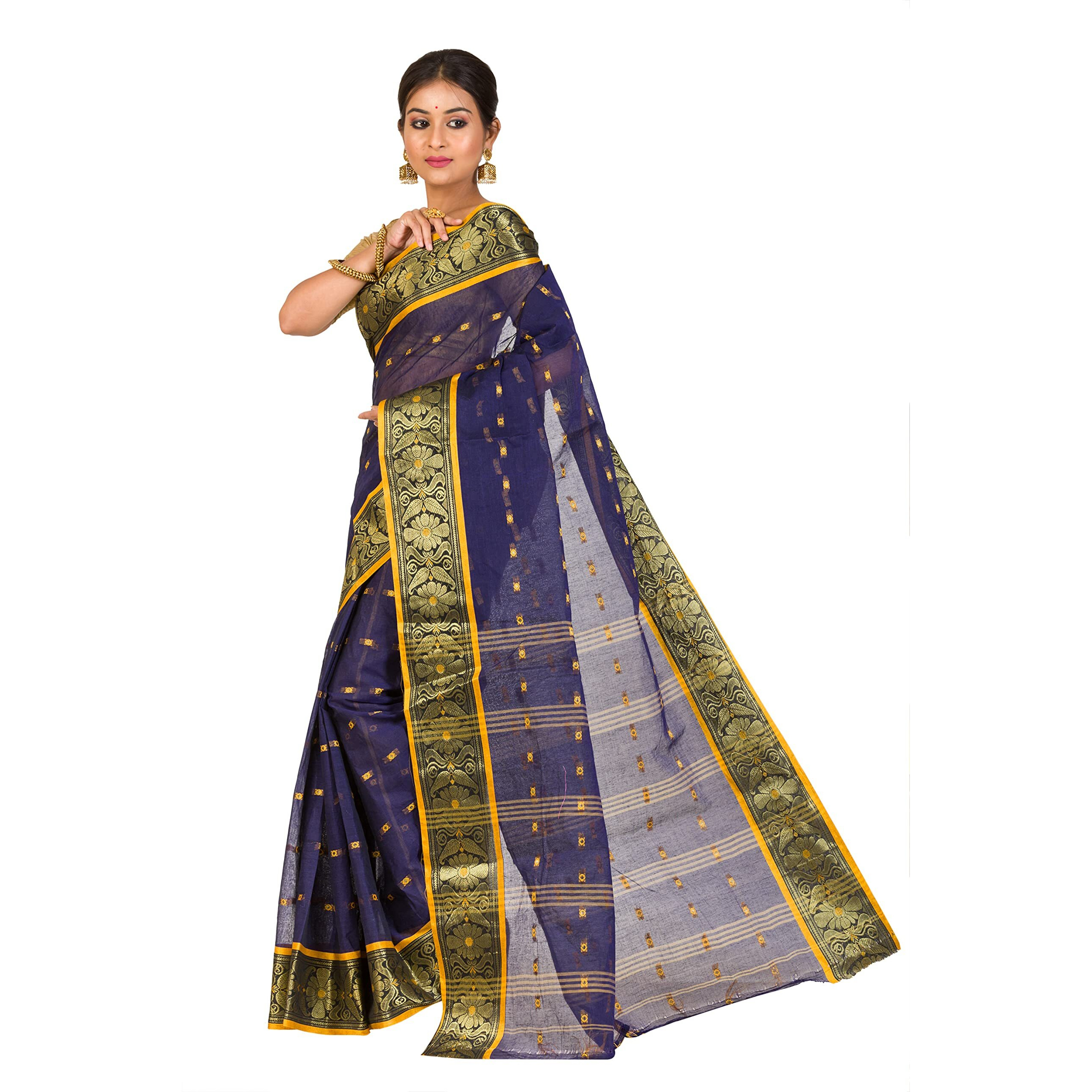 RAJ SAREE HOUSE Womens Traditional Pure Cotton Bengali Handloom Tant Saree - Without Blouse Piece (Navy Blue)