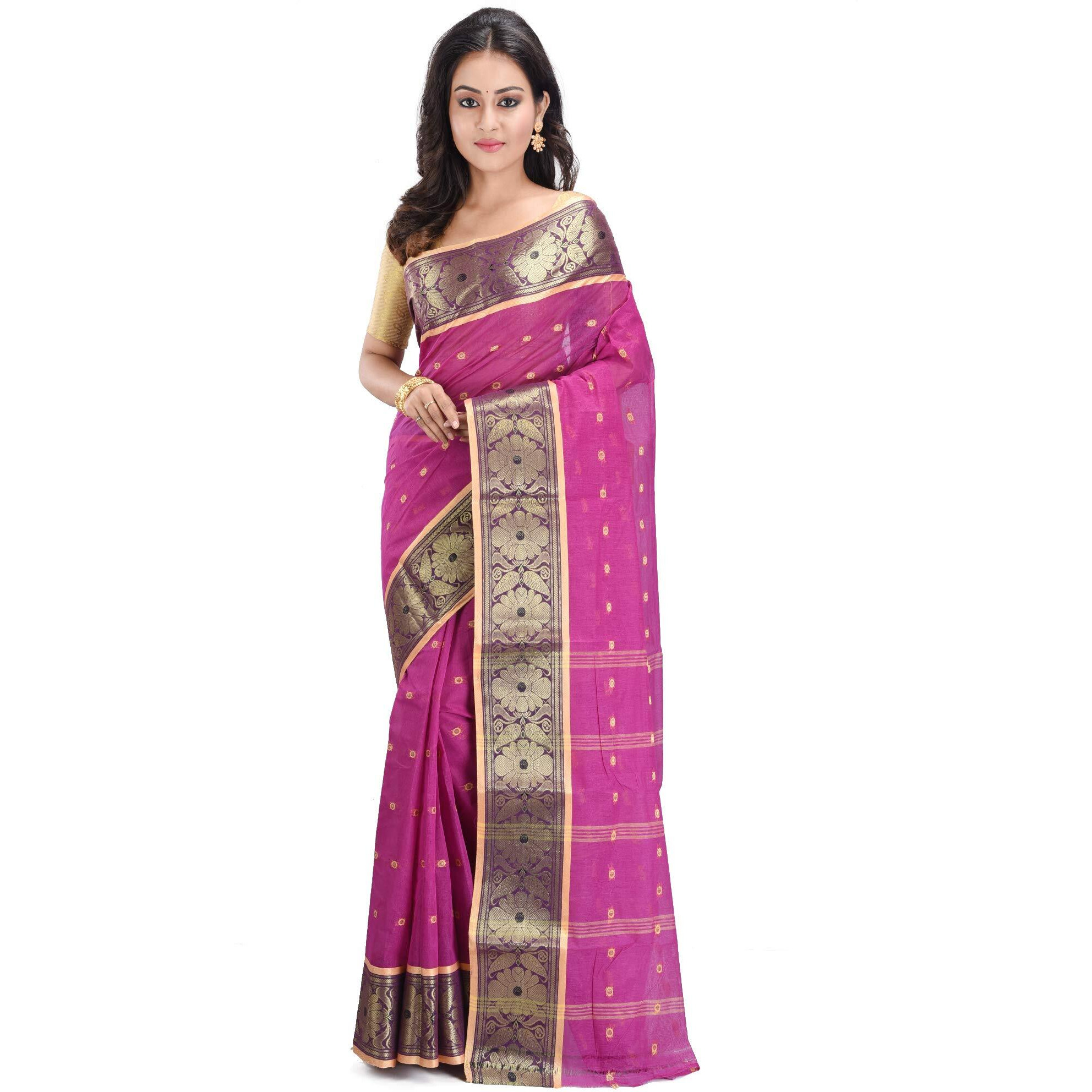 RAJ SAREE HOUSE Womens Pure Cotton Tant Handloom Saree without Blouse Piece (Magenta)
