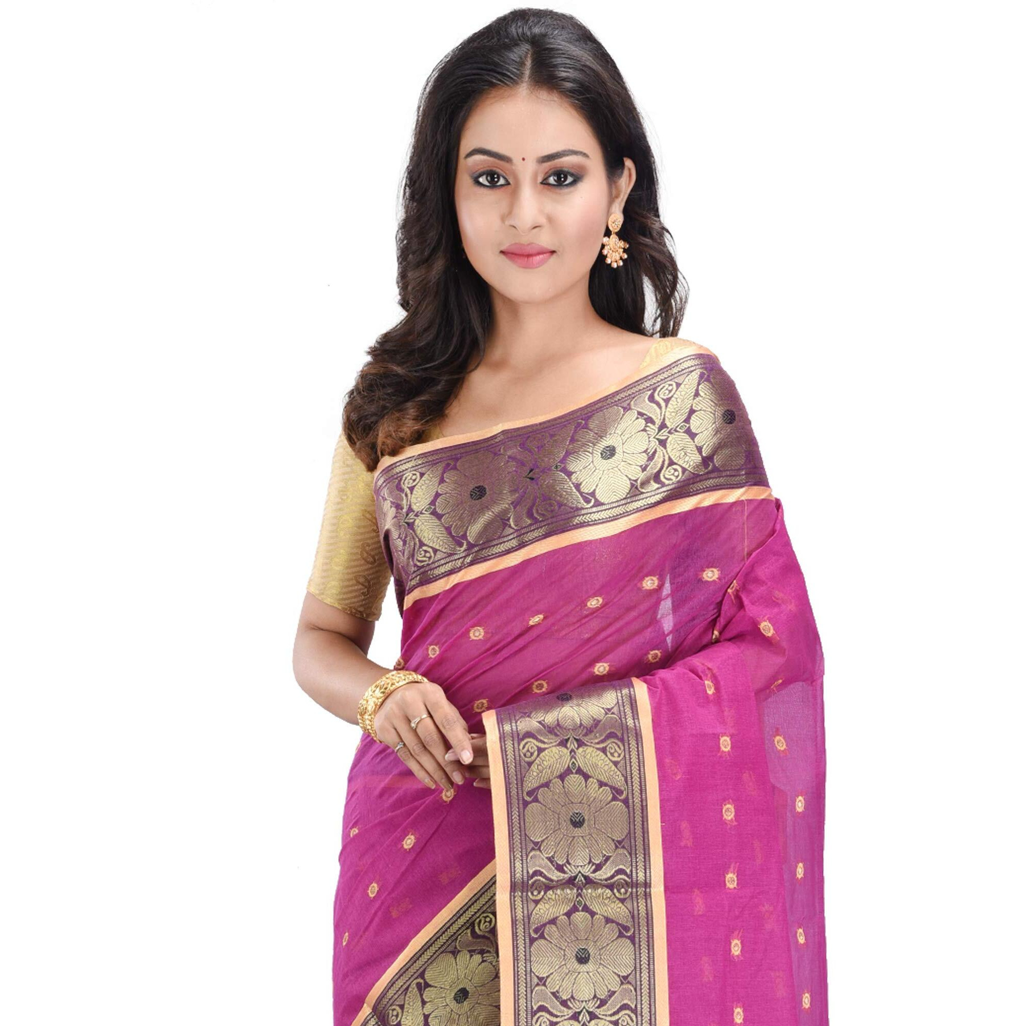 RAJ SAREE HOUSE Womens Pure Cotton Tant Handloom Saree without Blouse Piece (Magenta)