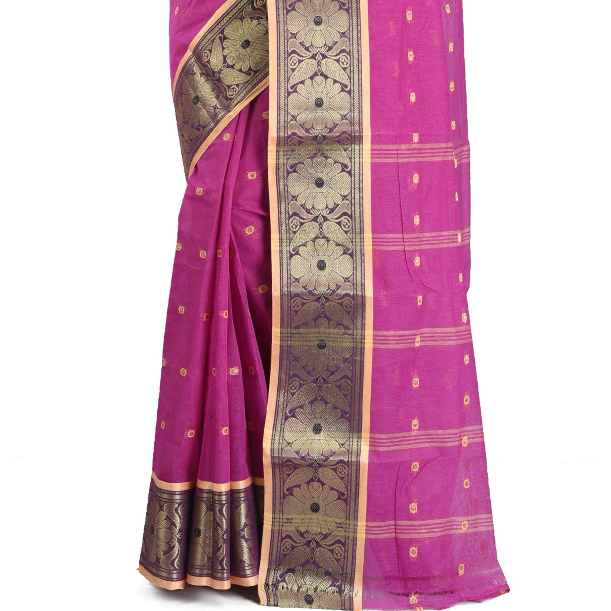 RAJ SAREE HOUSE Womens Pure Cotton Tant Handloom Saree without Blouse Piece (Magenta)
