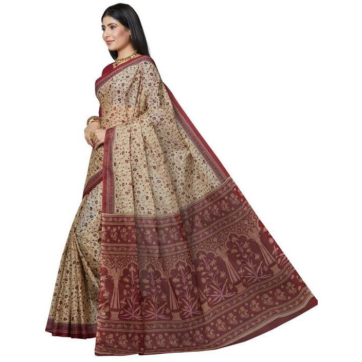 SHANVIKA Womens Pure Cotton Floral Print Saree Without Blouse Piece (Snv-222-21-bge.mrn)