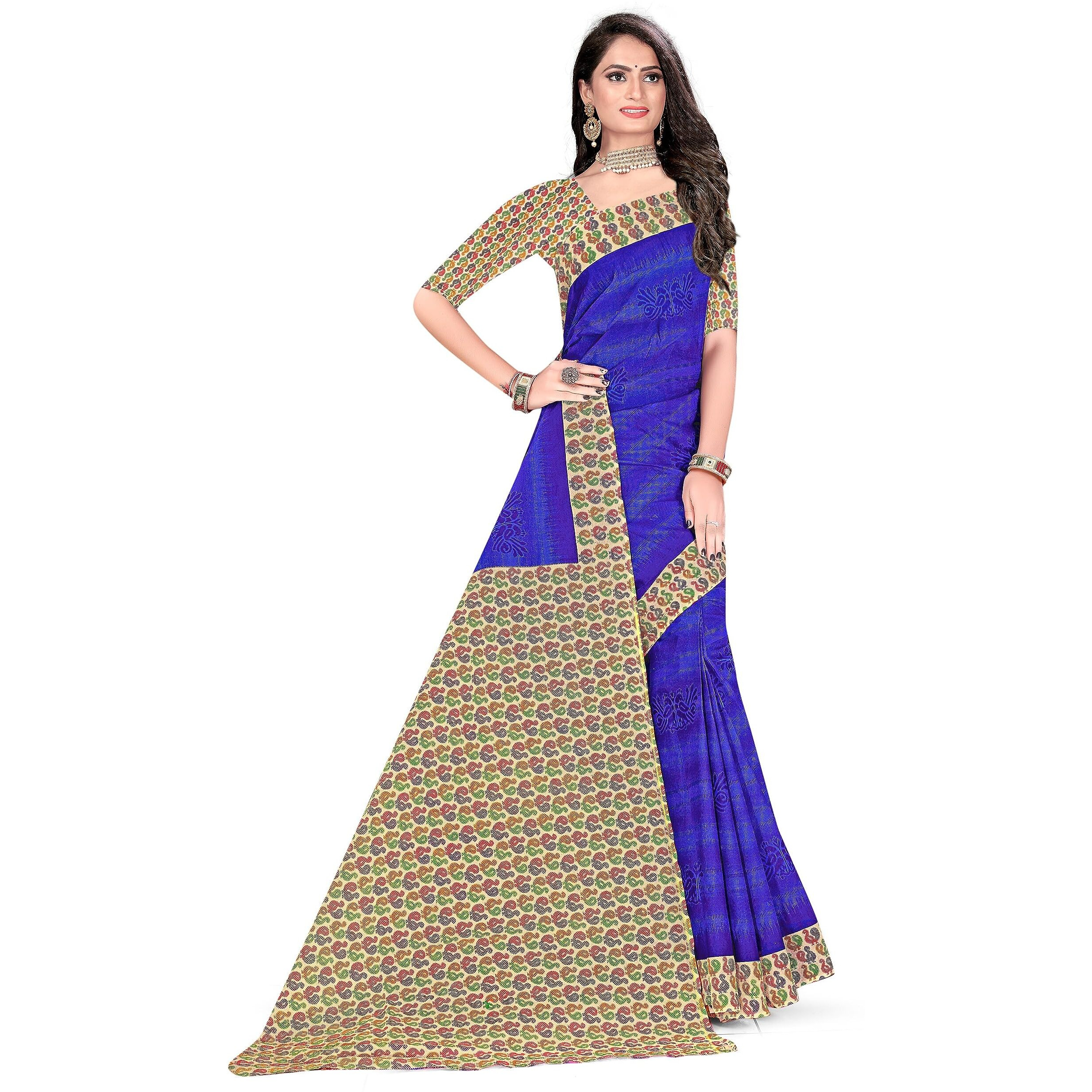 TAMAIRA FASHION Womens Plain Weave Pure Cotton Saree With Blouse Piece(11296_Blue)