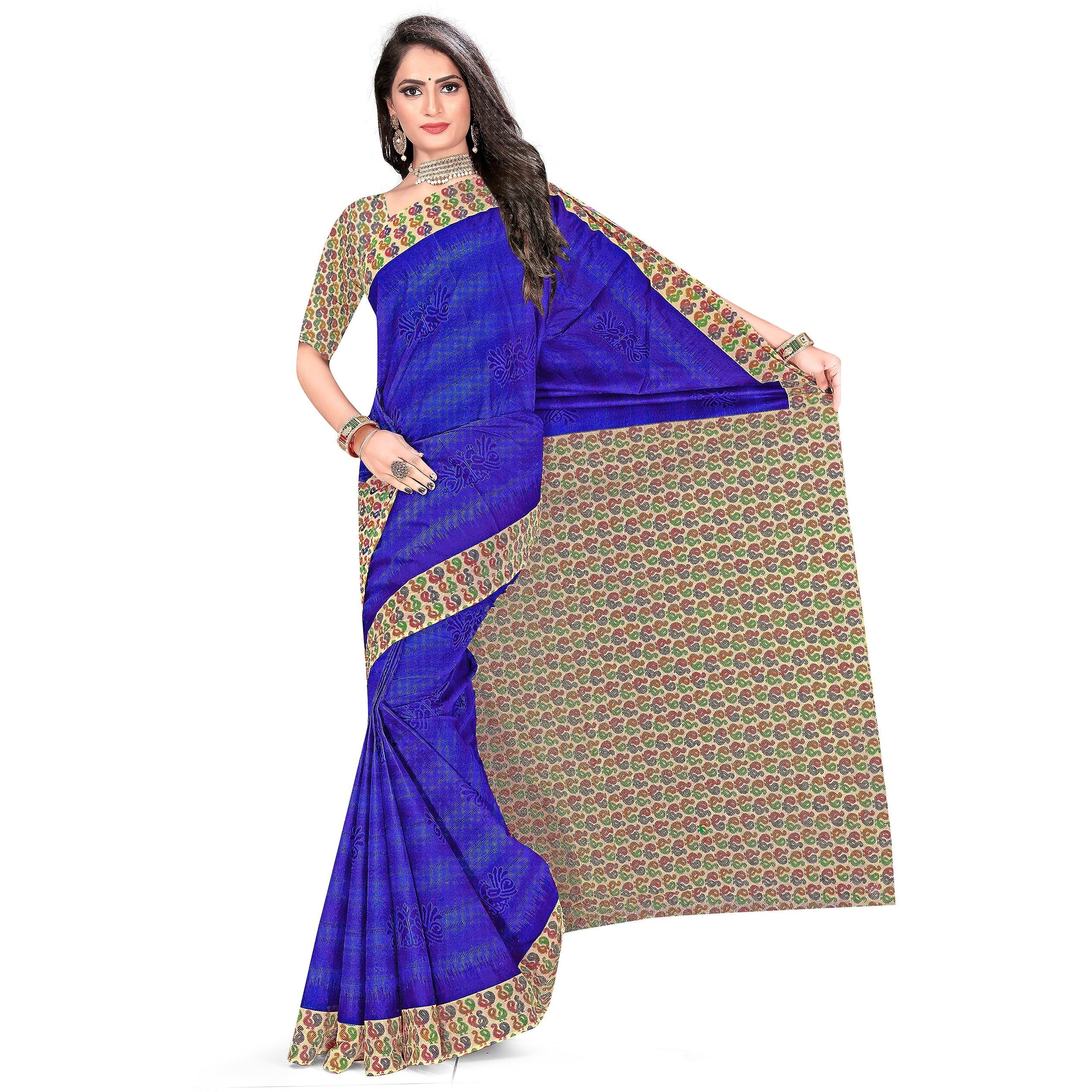 TAMAIRA FASHION Womens Plain Weave Pure Cotton Saree With Blouse Piece(11296_Blue)