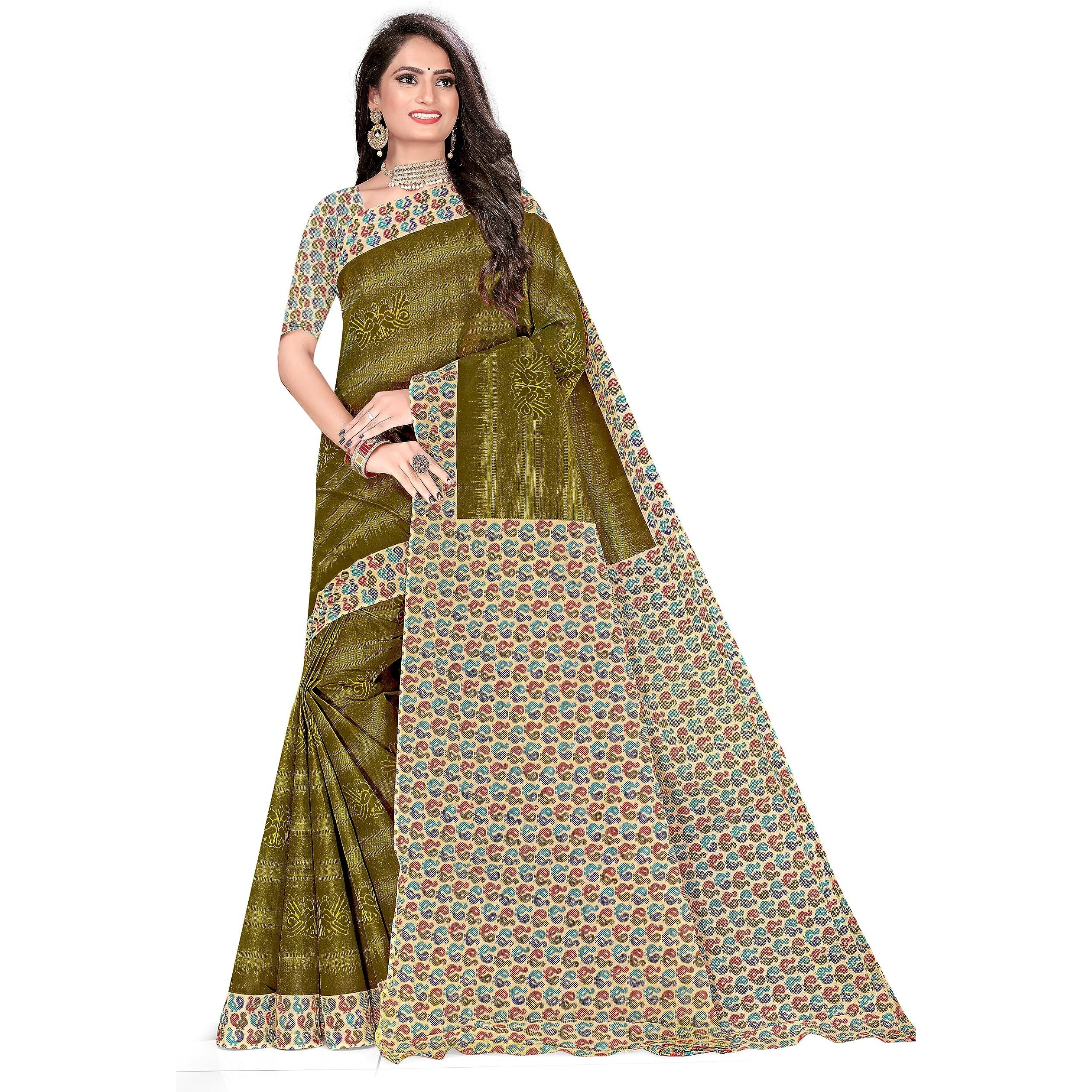 TAMAIRA FASHION Womens Plain Weave Pure Cotton Saree With Blouse Piece(11296_Mehendi)
