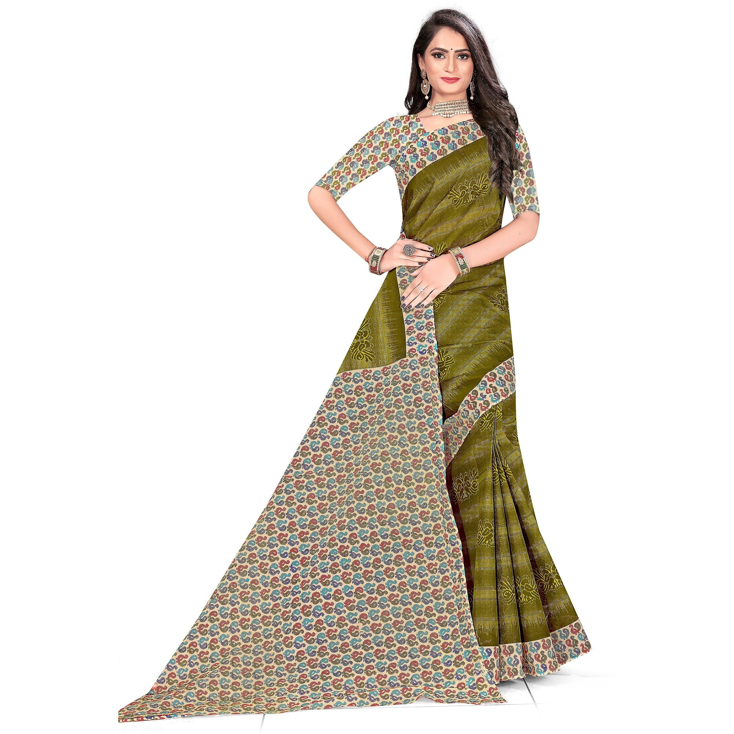 TAMAIRA FASHION Womens Plain Weave Pure Cotton Saree With Blouse Piece(11296_Mehendi)