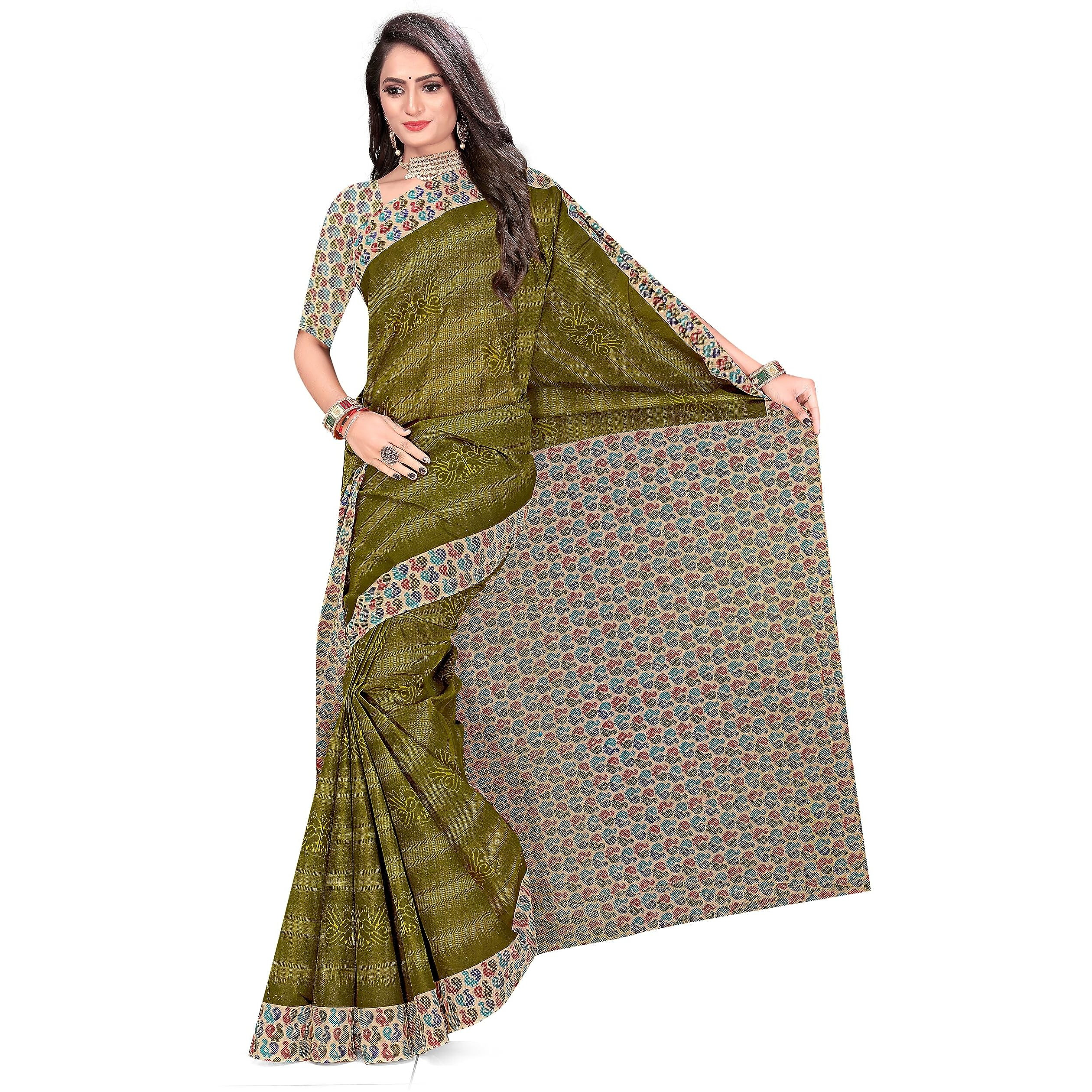 TAMAIRA FASHION Womens Plain Weave Pure Cotton Saree With Blouse Piece(11296_Mehendi)