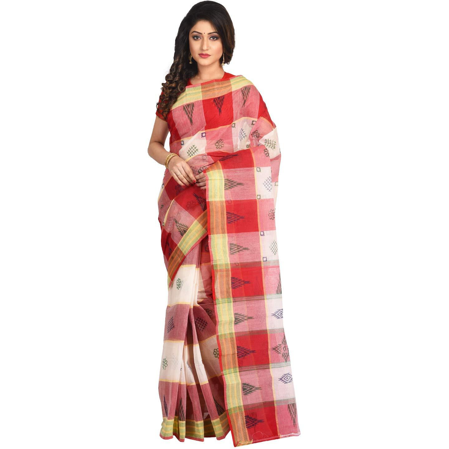 RAJ SAREE HOUSE Womens Pure Cotton Bengali Handloom Tant Print Saree without Blouse Piece - (Off White-Red)