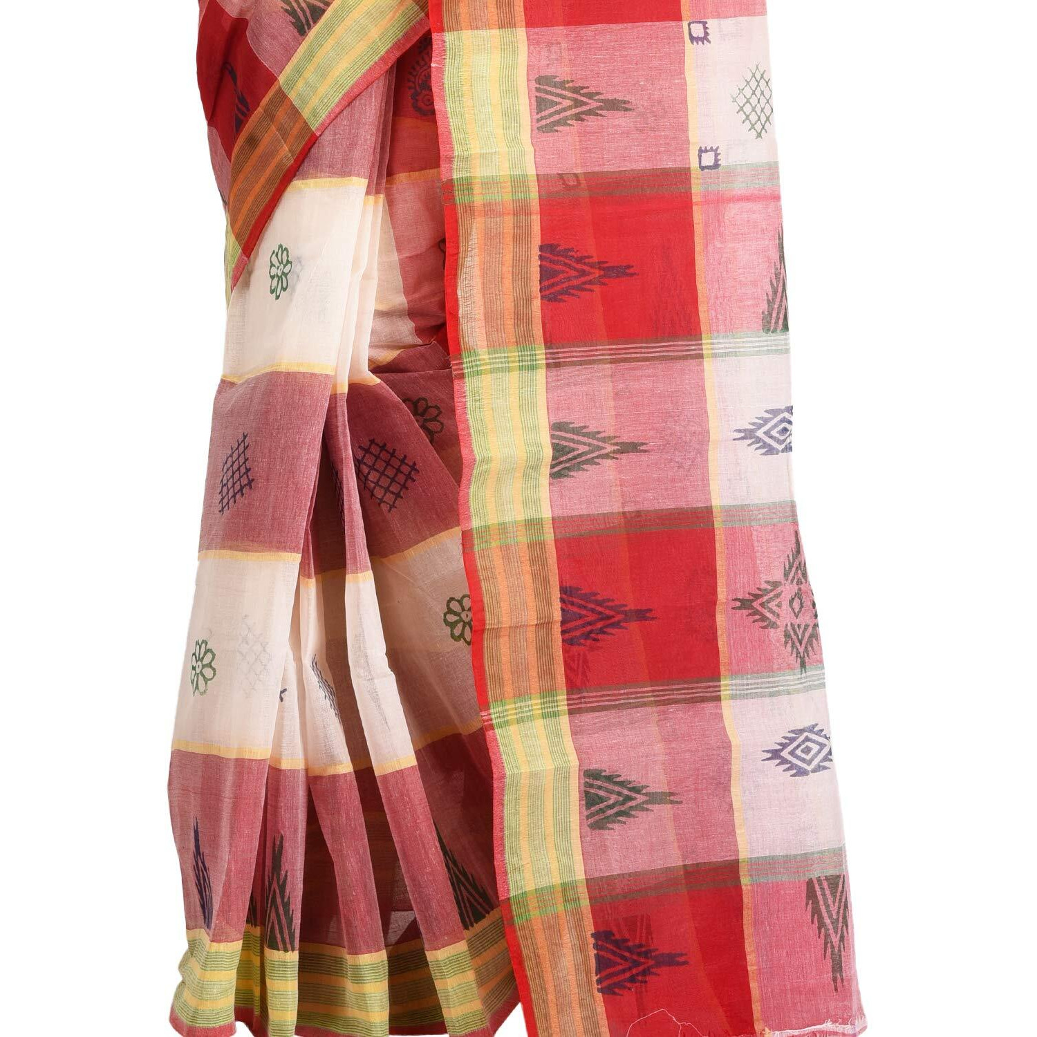 RAJ SAREE HOUSE Womens Pure Cotton Bengali Handloom Tant Print Saree without Blouse Piece - (Off White-Red)