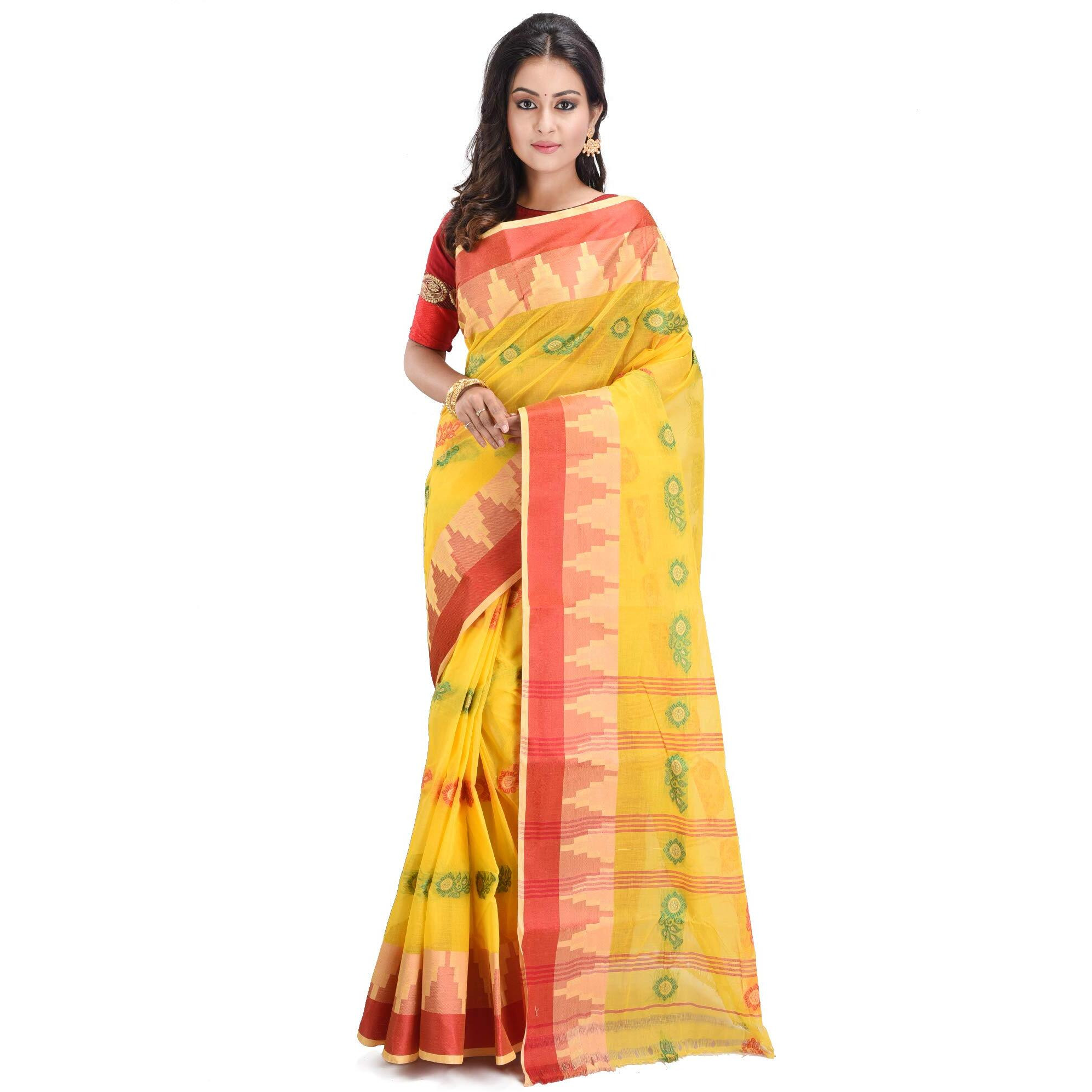 RAJ SAREE HOUSE Womens Traditional Pure Cotton Bengali Handloom Tant Saree without Blouse Piece - (Yellow)