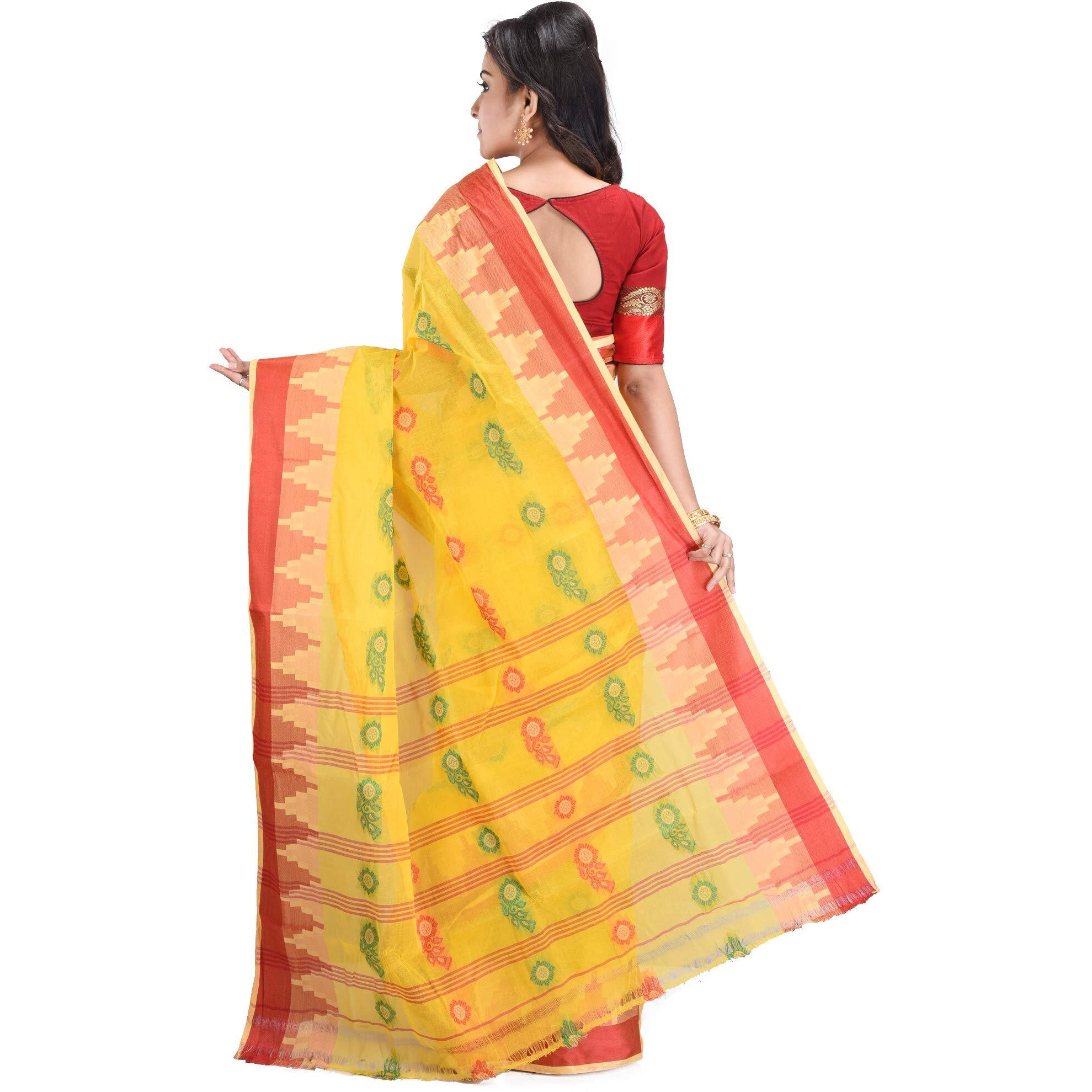 RAJ SAREE HOUSE Womens Traditional Pure Cotton Bengali Handloom Tant Saree without Blouse Piece - (Yellow)