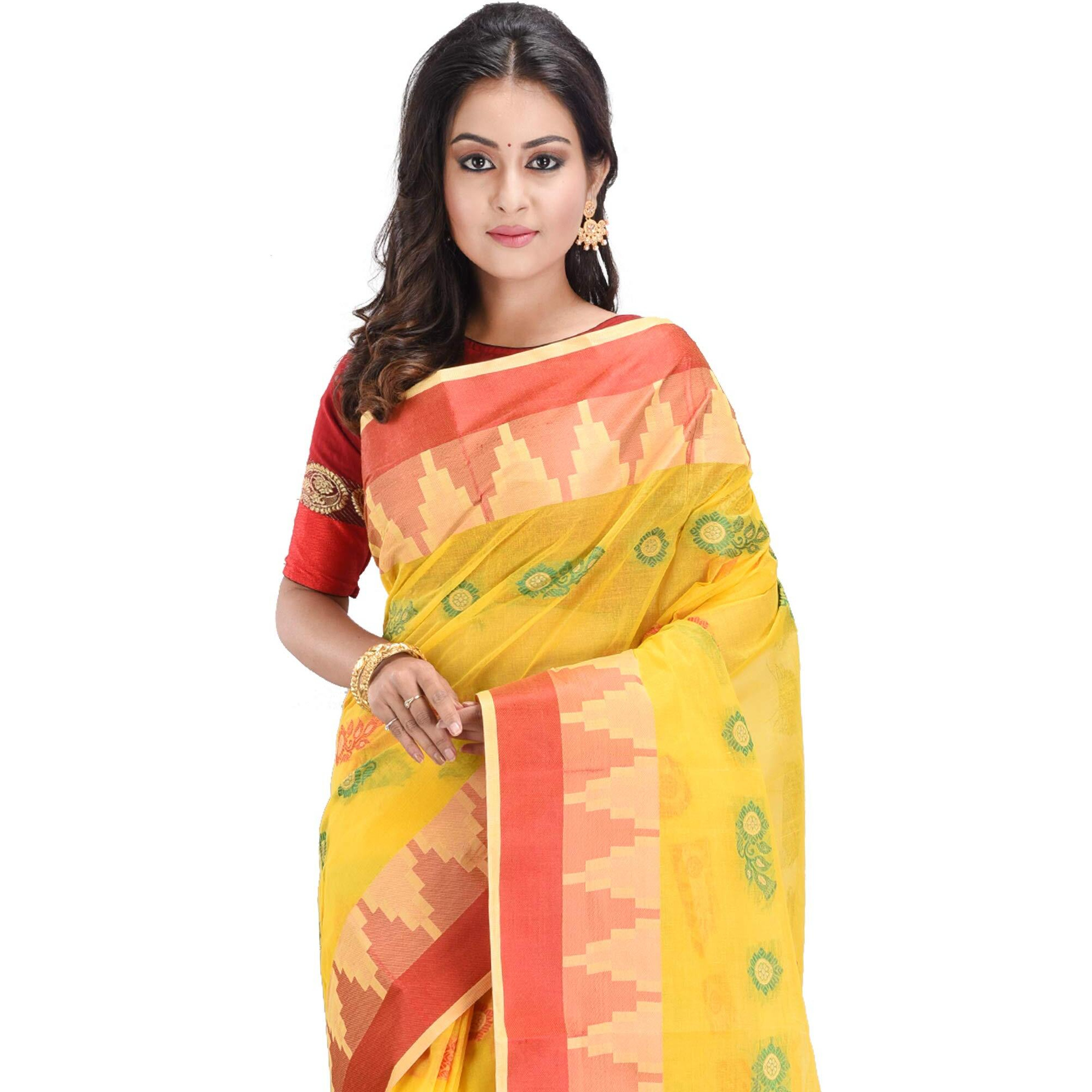 RAJ SAREE HOUSE Womens Traditional Pure Cotton Bengali Handloom Tant Saree without Blouse Piece - (Yellow)
