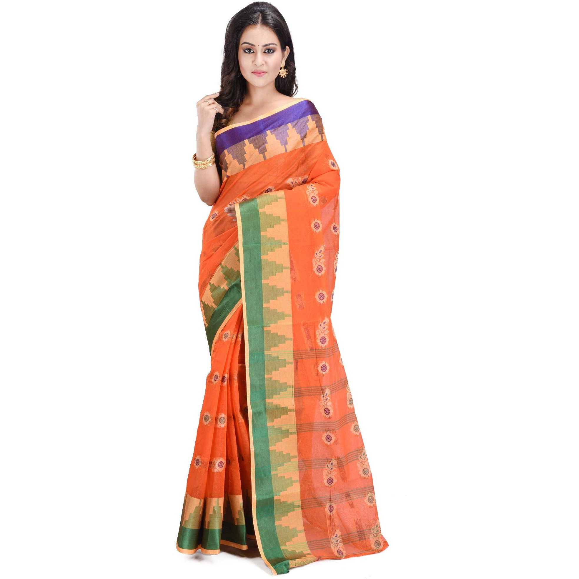 RAJ SAREE HOUSE Womens Traditional Pure Cotton Bengali Handloom Tant Saree without Blouse Piece - (Orange)