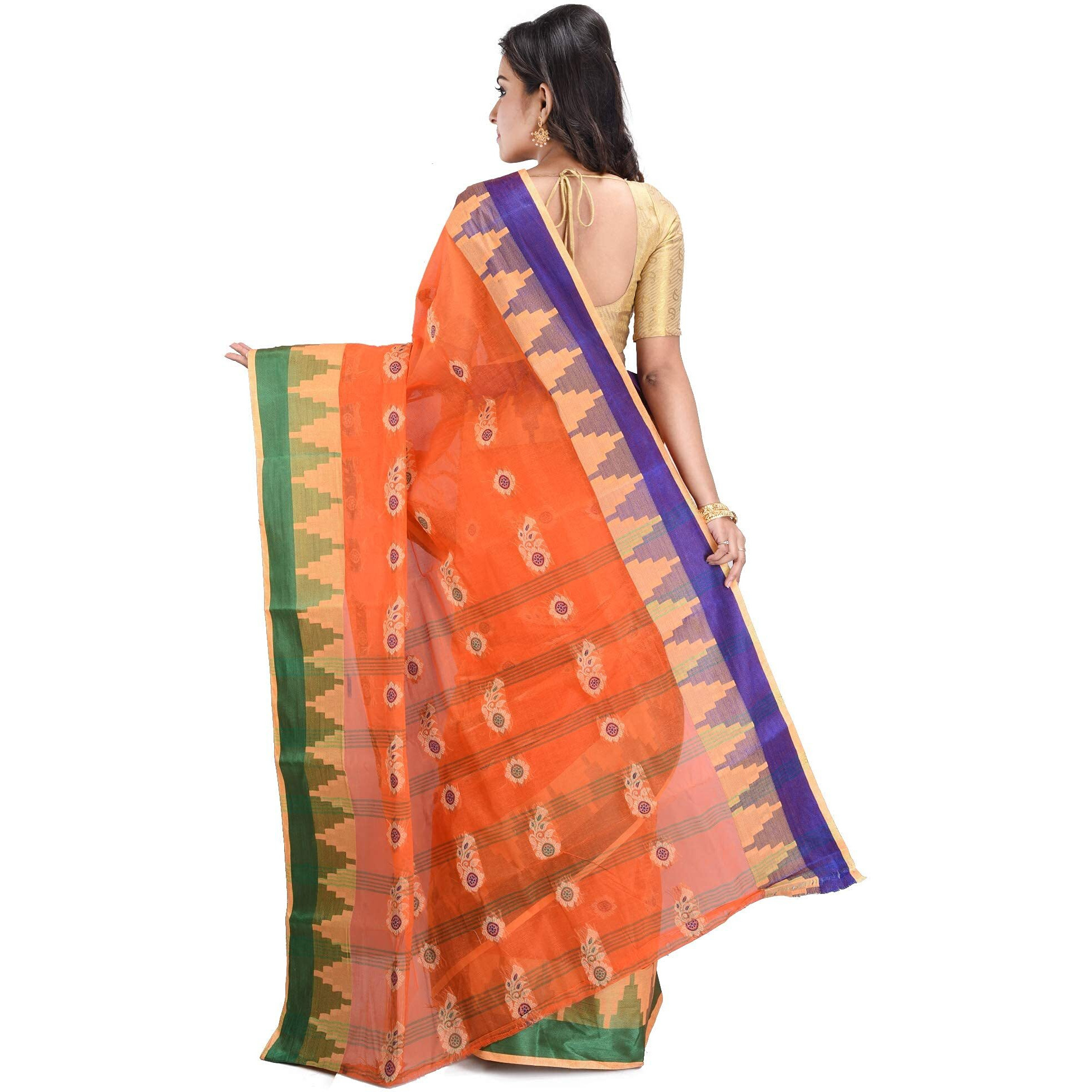 RAJ SAREE HOUSE Womens Traditional Pure Cotton Bengali Handloom Tant Saree without Blouse Piece - (Orange)